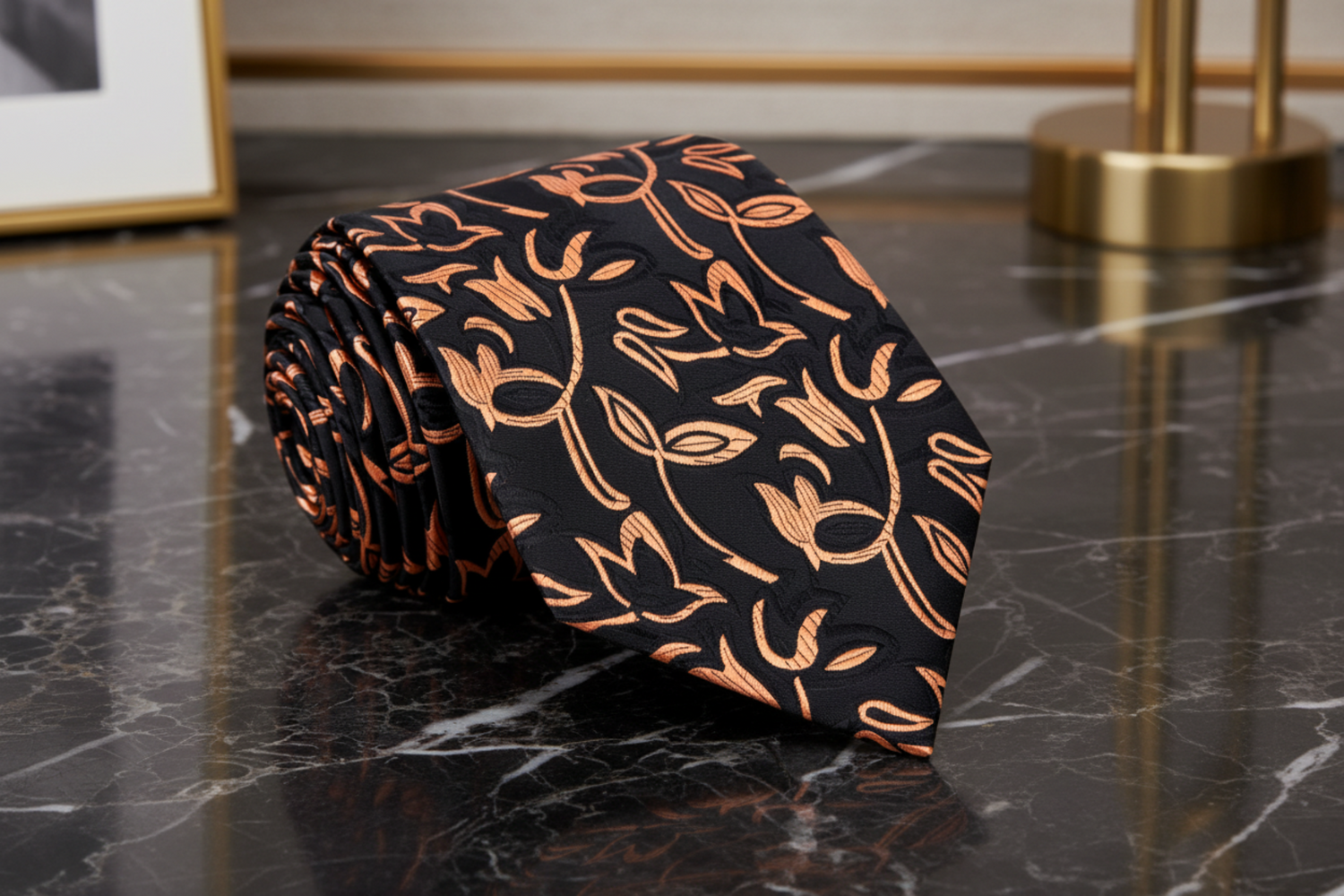 An orange necktie with a brown vines pattern, displayed on a wooden surface with a body of water in the background.
