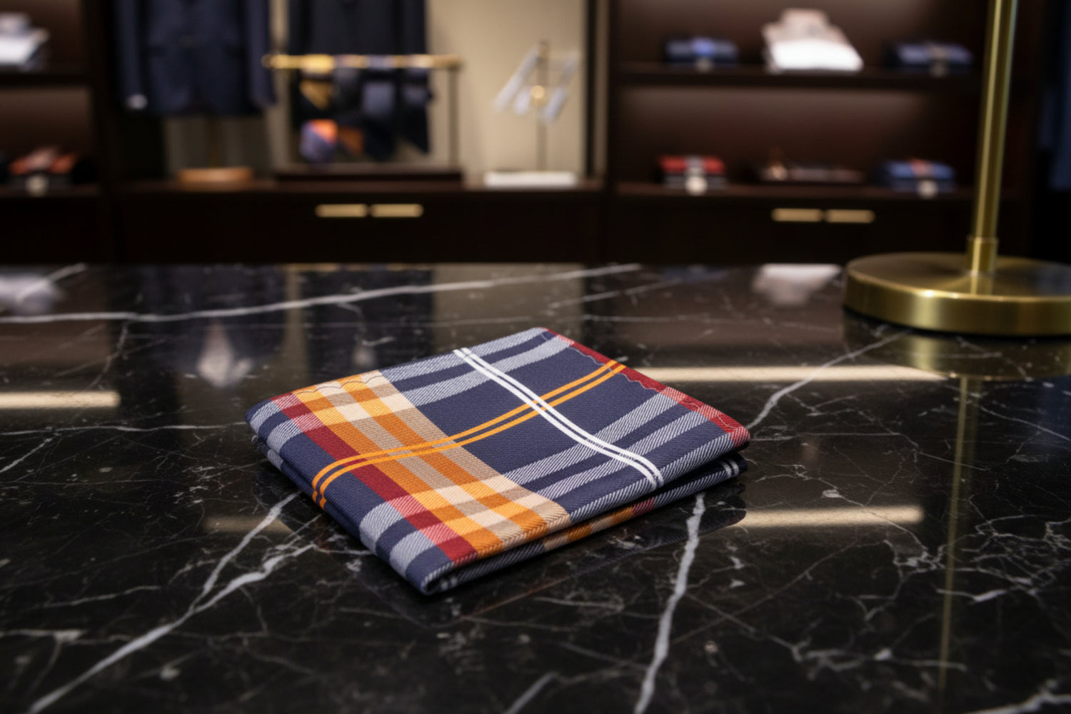 A Black, Orange, White Plaid Pattern Silk Pocket Square