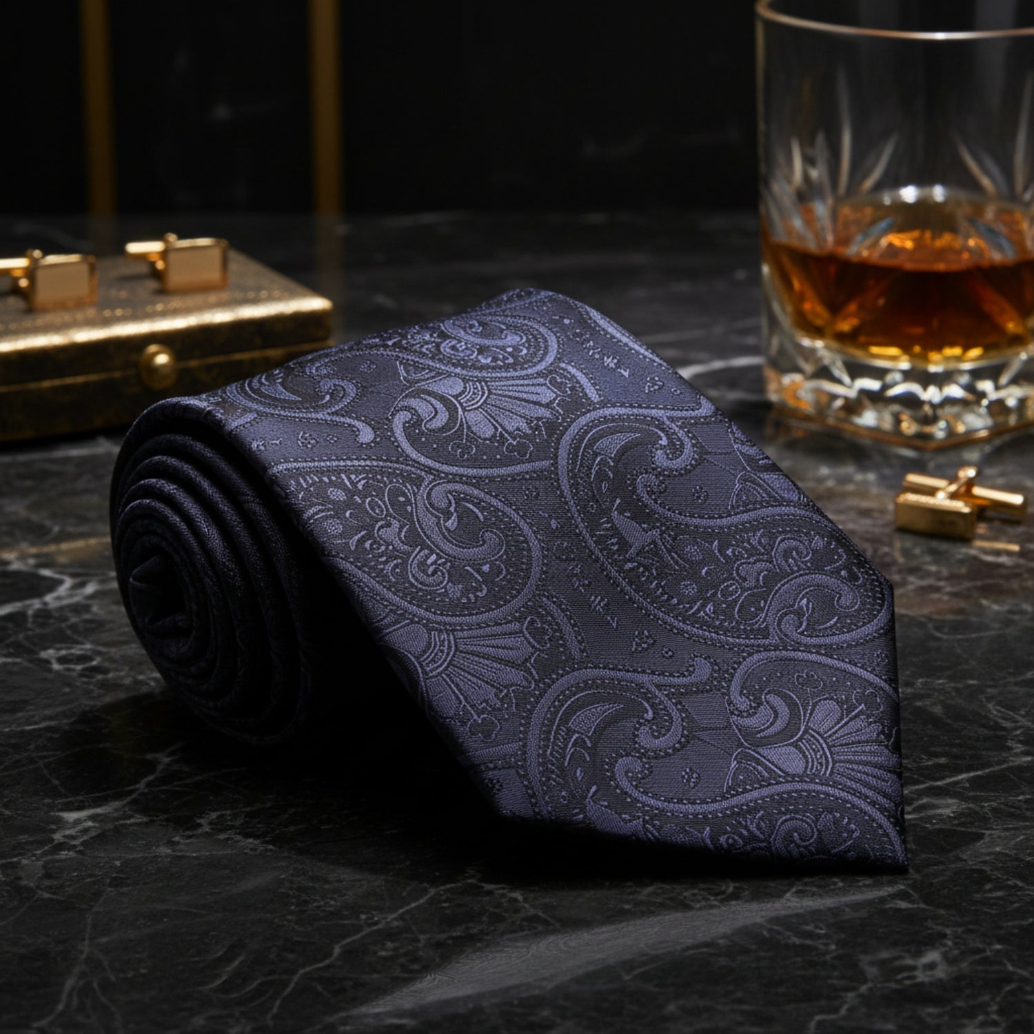 A Black, Graphite Paisley Pattern Necktie