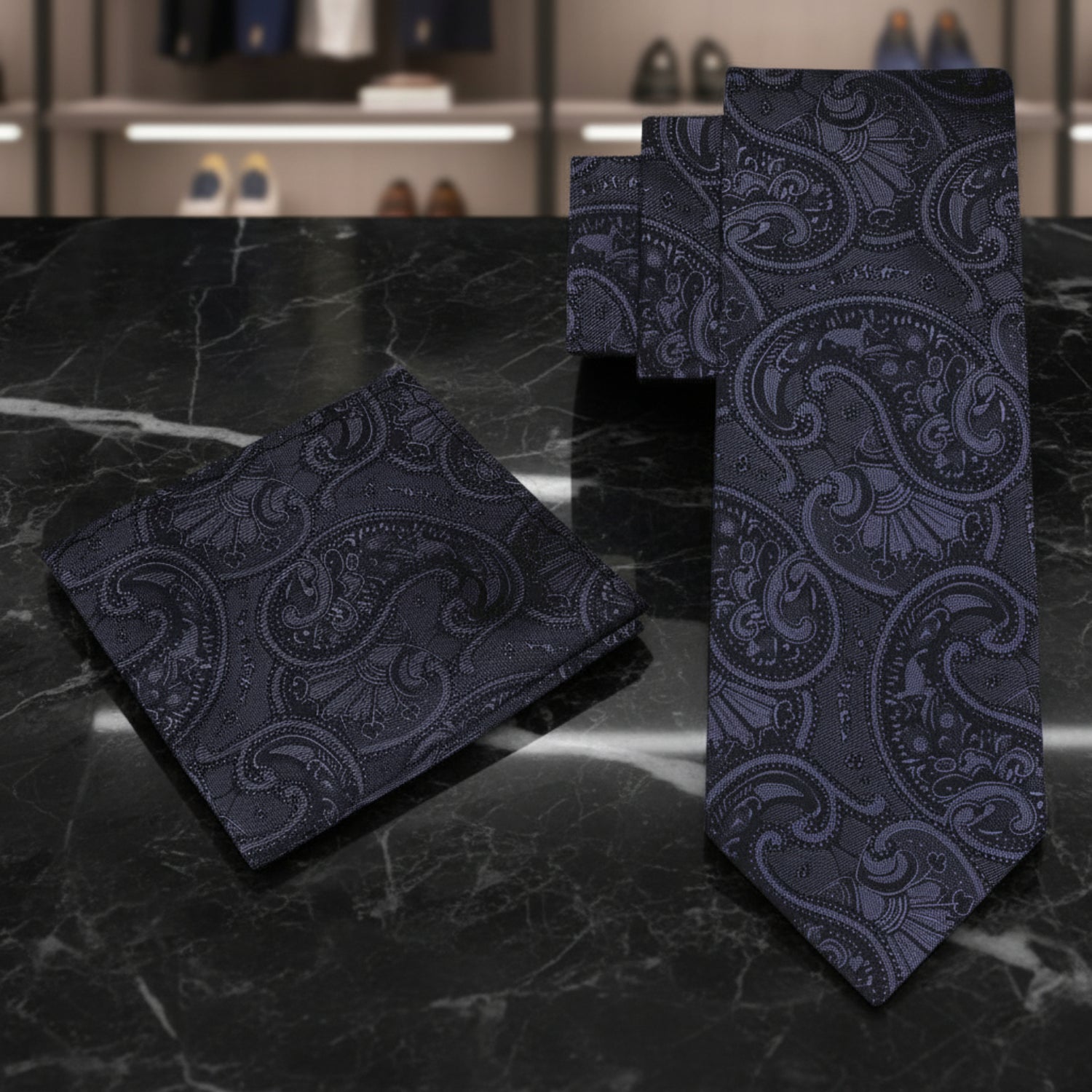 Alt View: A Black, Graphite Paisley Pattern Necktie and Square