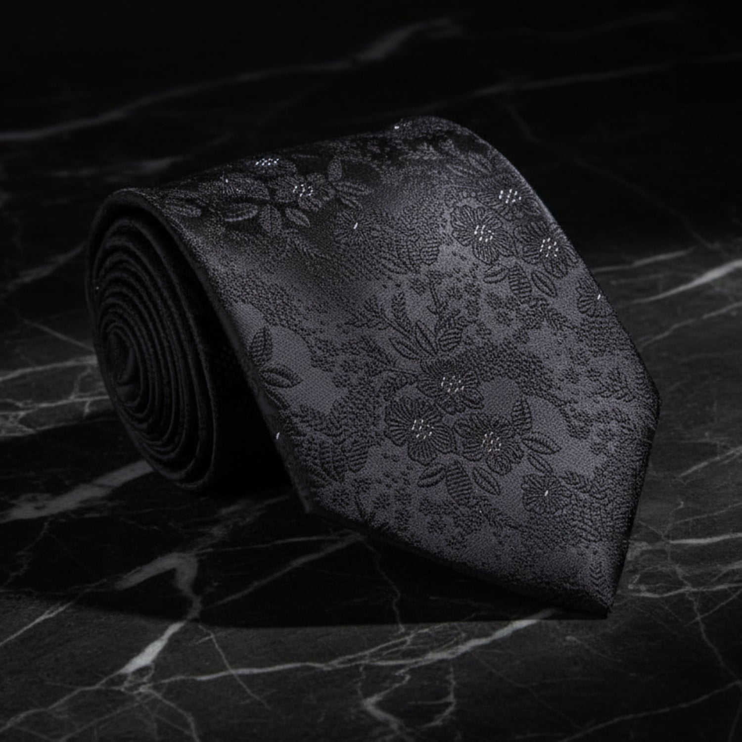 A Black With White Floral Pattern Necktie