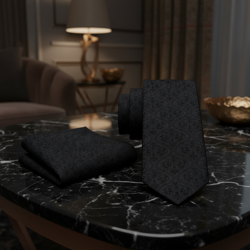 Alt View: Black, black abstract tie and pocket square