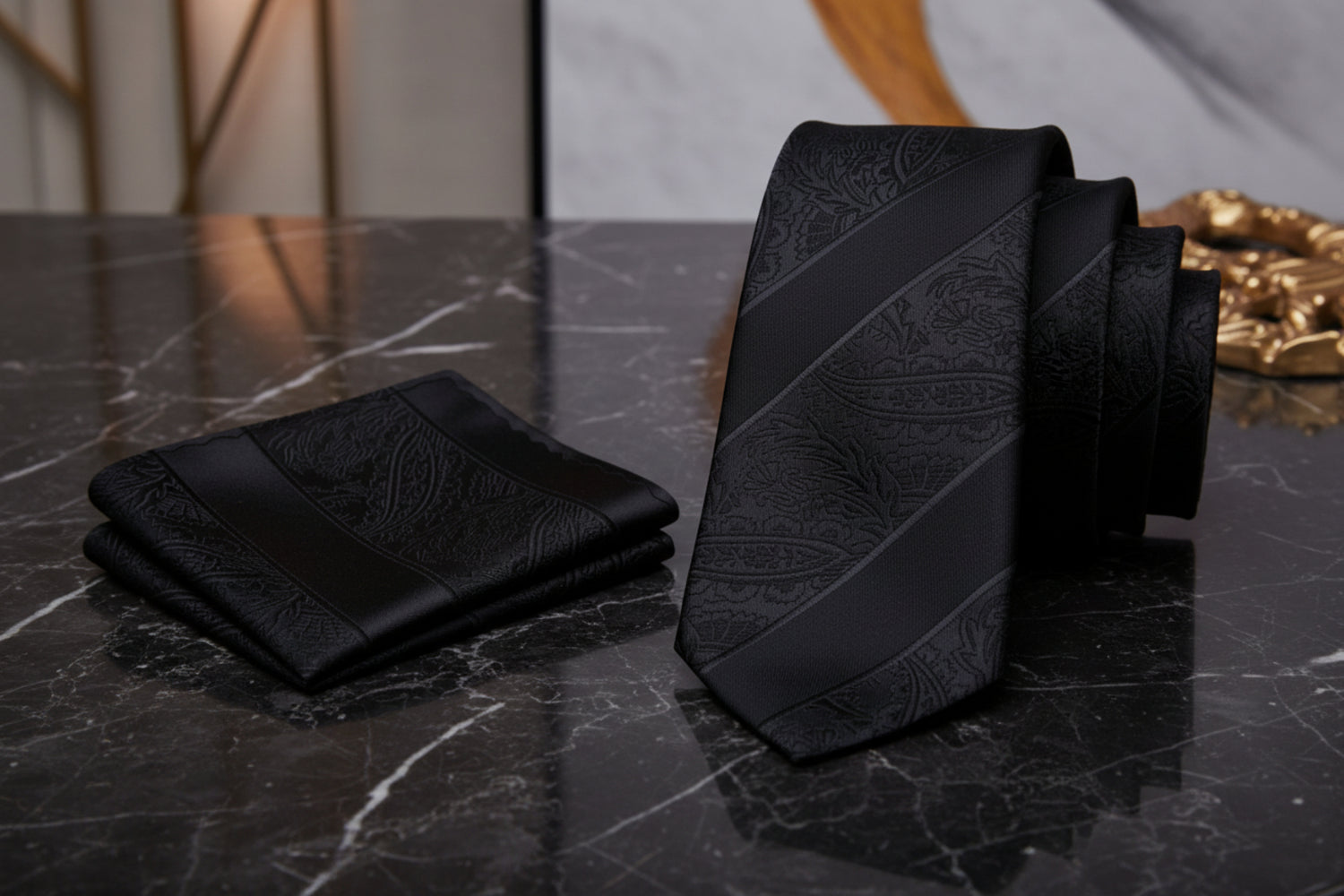 View 2: black paisley tie and square