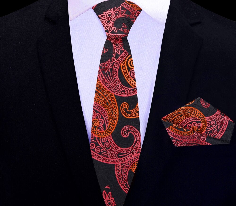 Black, Pink, Orange Paisley Thin Tie and Pocket Square
