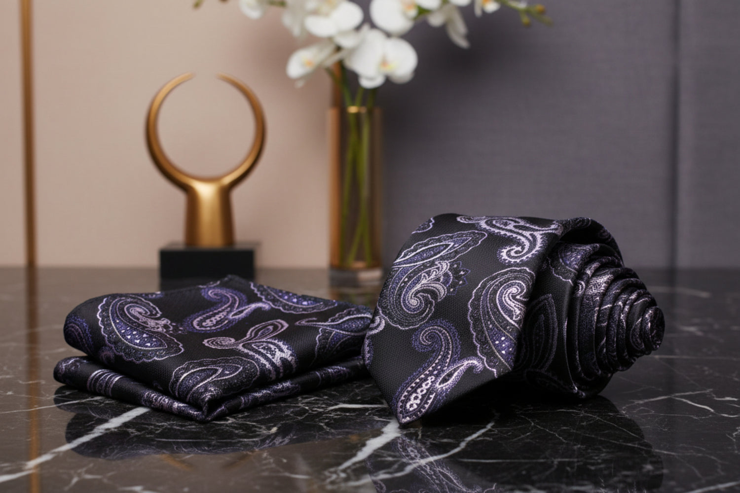Alt View: A Black, Pink Paisley Pattern Necktie, Matching Pocket Square