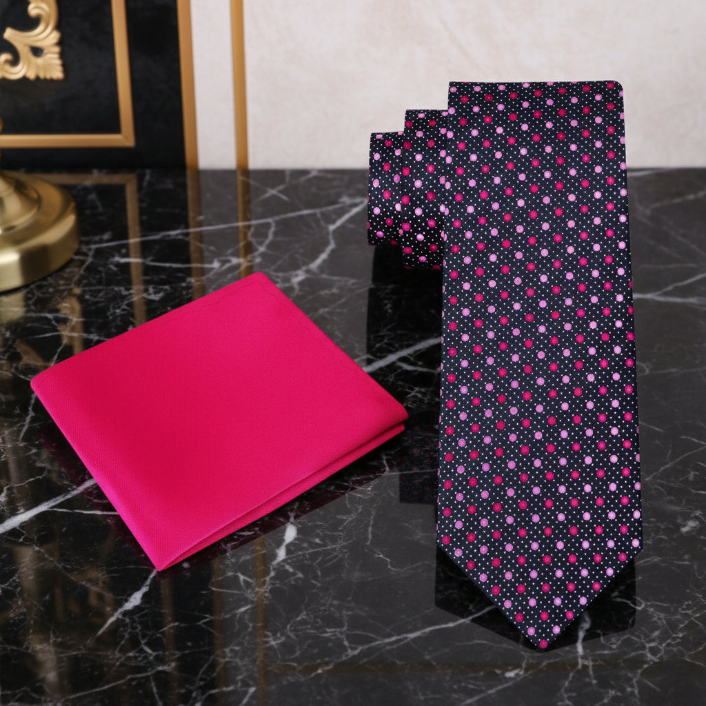 Alt view: A Black, Pink, Light Grey Dots Pattern Necktie and Pink Pocket Square