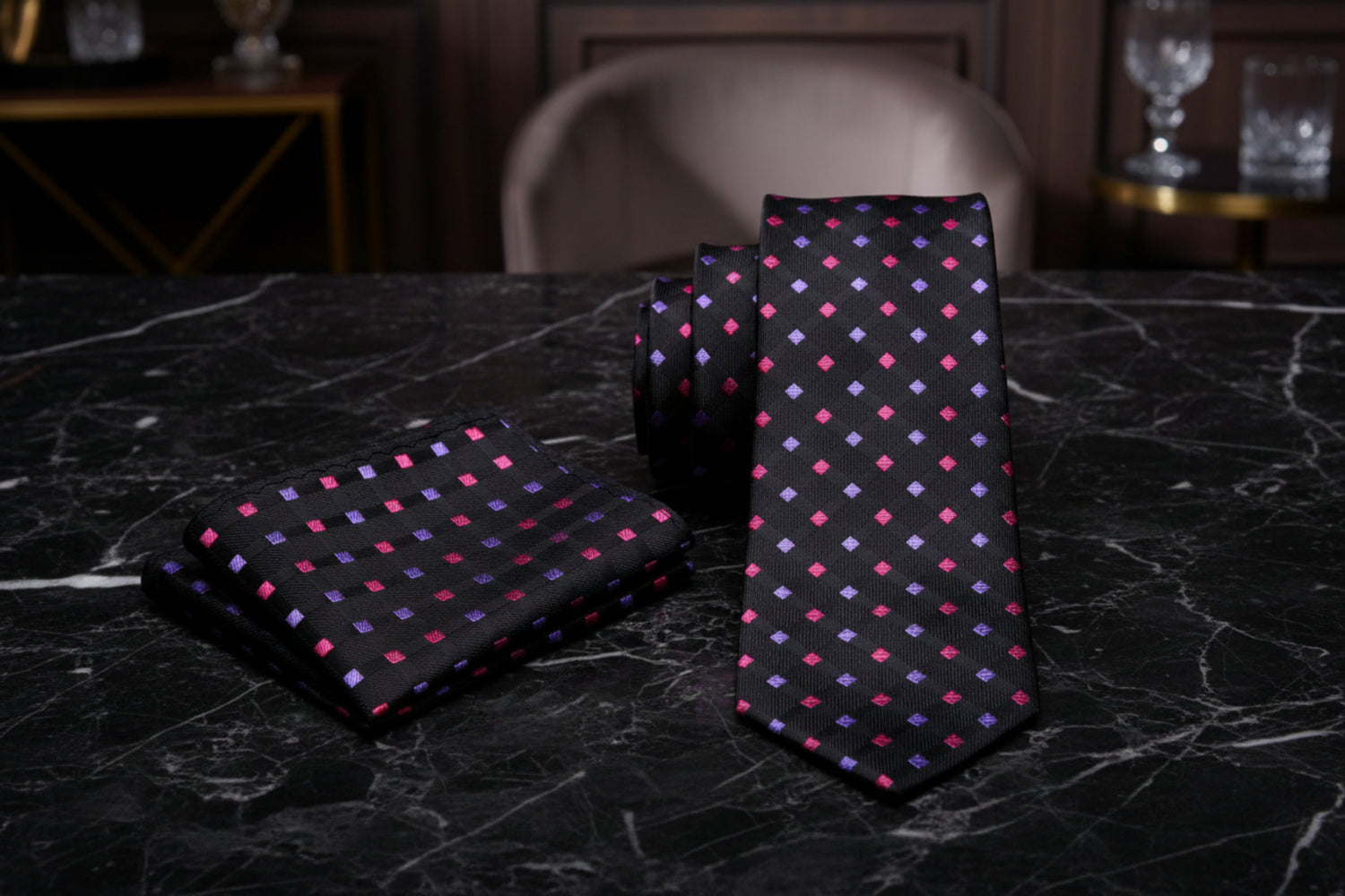 View 2: Black, Pink, Purple Geometric Tie and Pocket Square