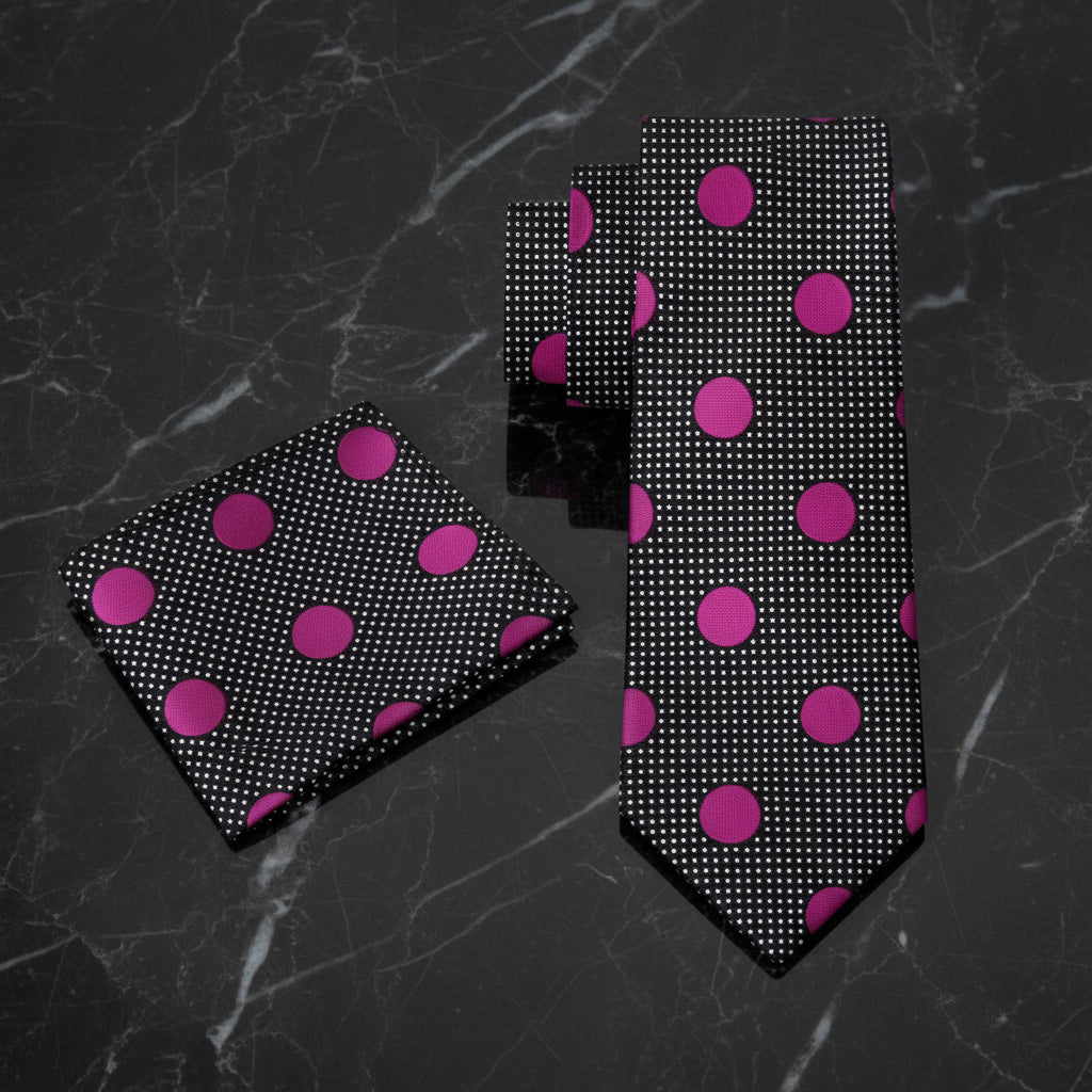 alt View: A Black, Pink Dots Pattern Necktie, Matching Pocket Square