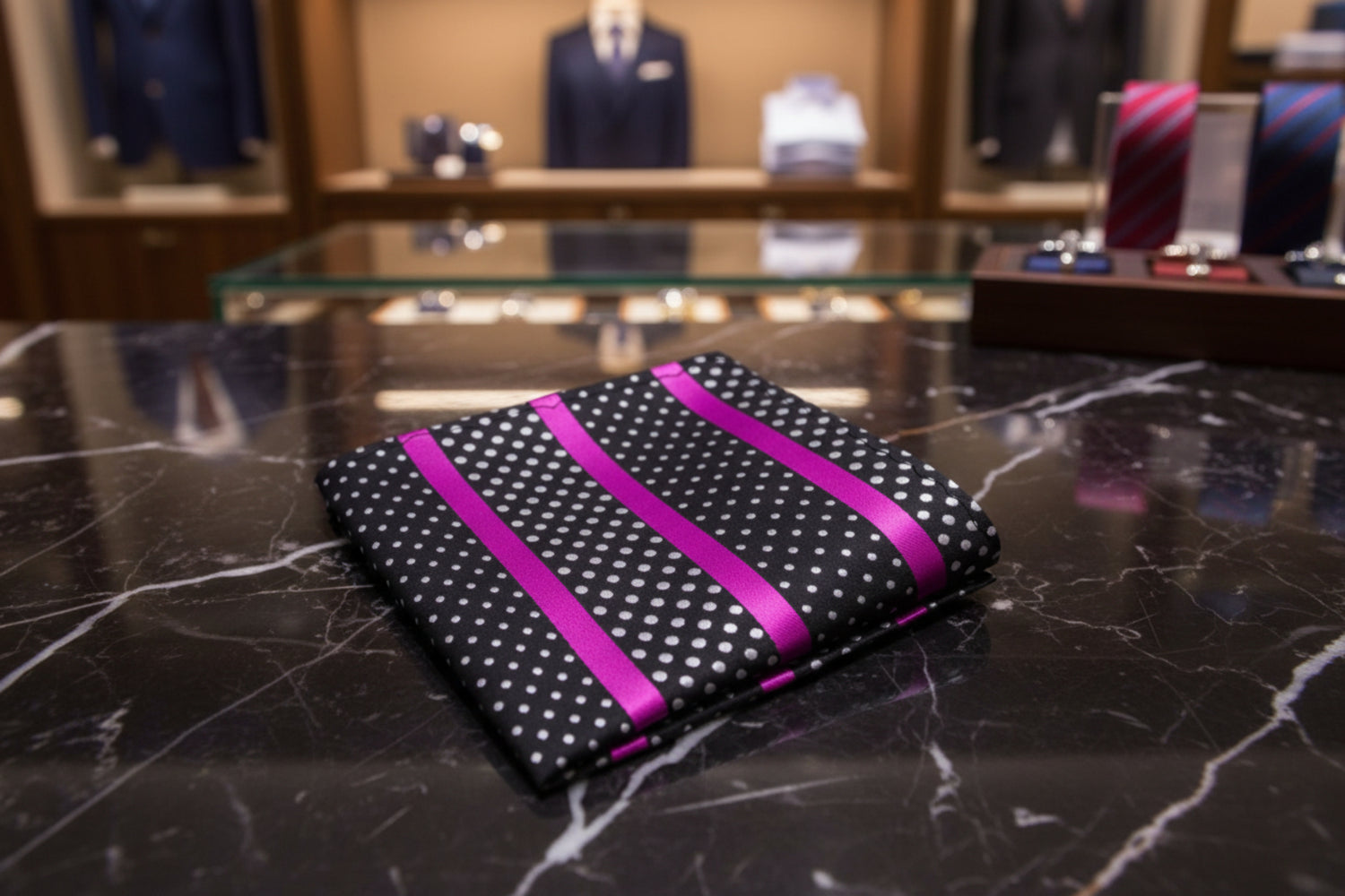 Black, Pink, White Polka Stripe Pocket Square