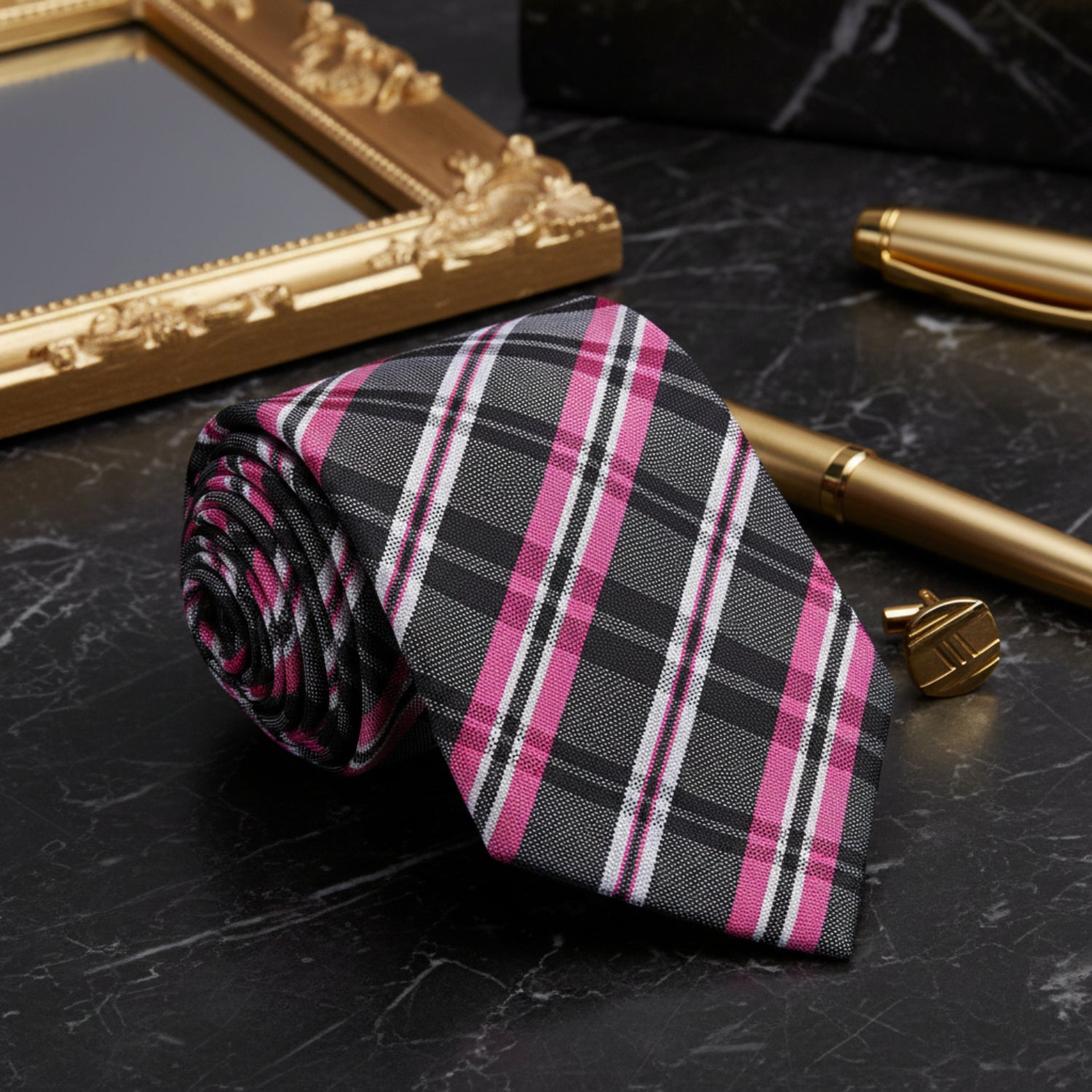 A Pink, Black Plaid Pattern Necktie 