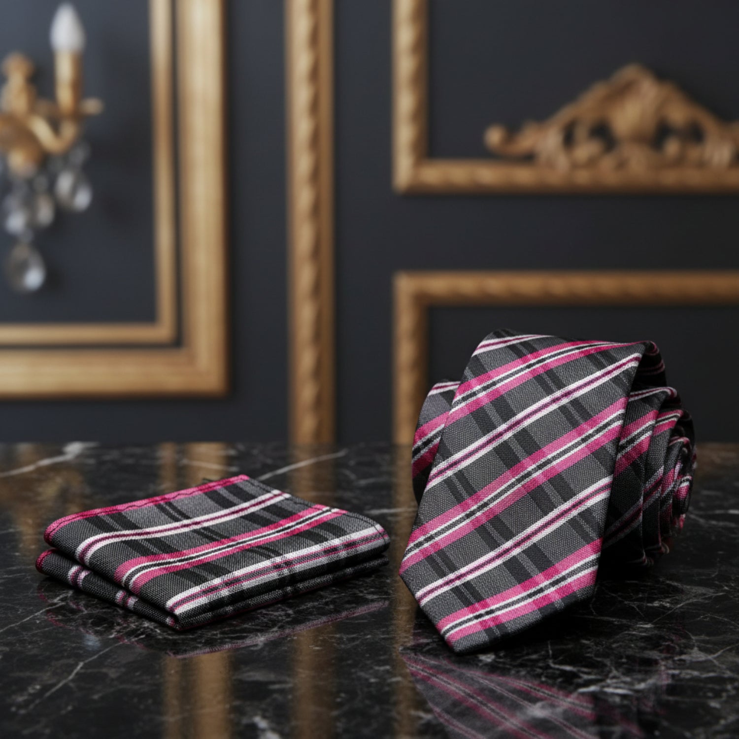 Alt View: A Pink, Black Plaid Pattern Necktie, Matching Pocket Square