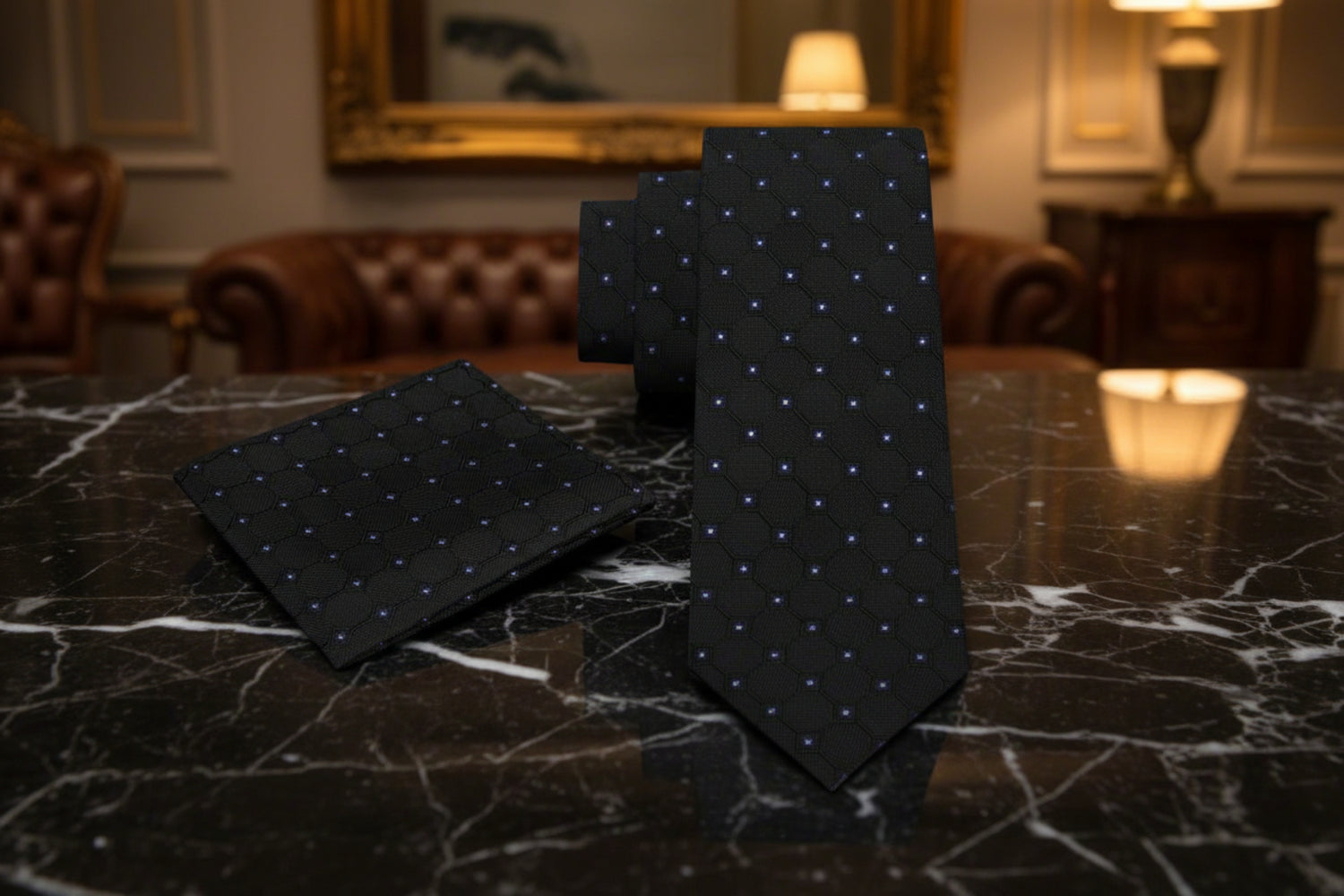 Alt view: A Black, White Geometric Texture With Small Black, White Checks Necktie, Pocket Square