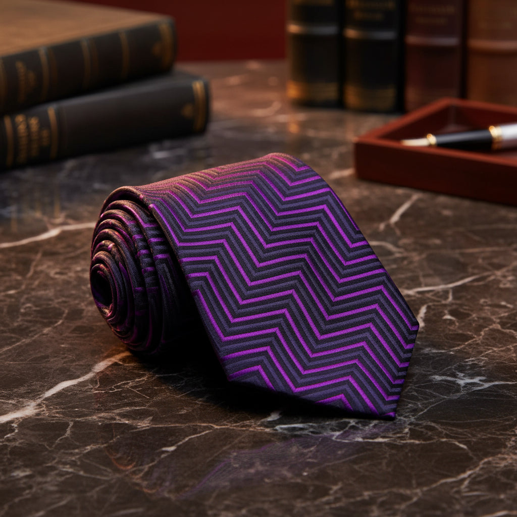 A Purple, Black Geometric Pattern Necktie  
