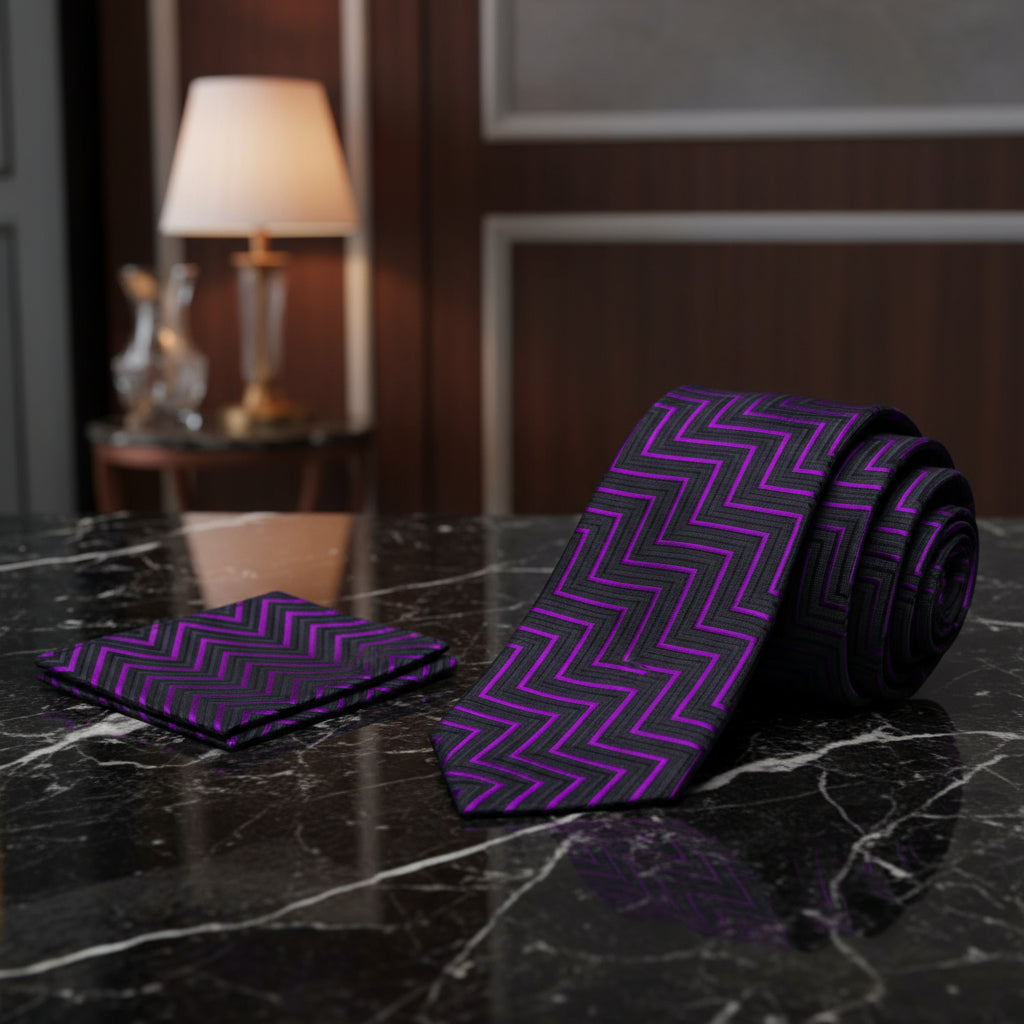 Alt View: A Purple, Black Geometric Pattern Necktie With Matching Pocket Square