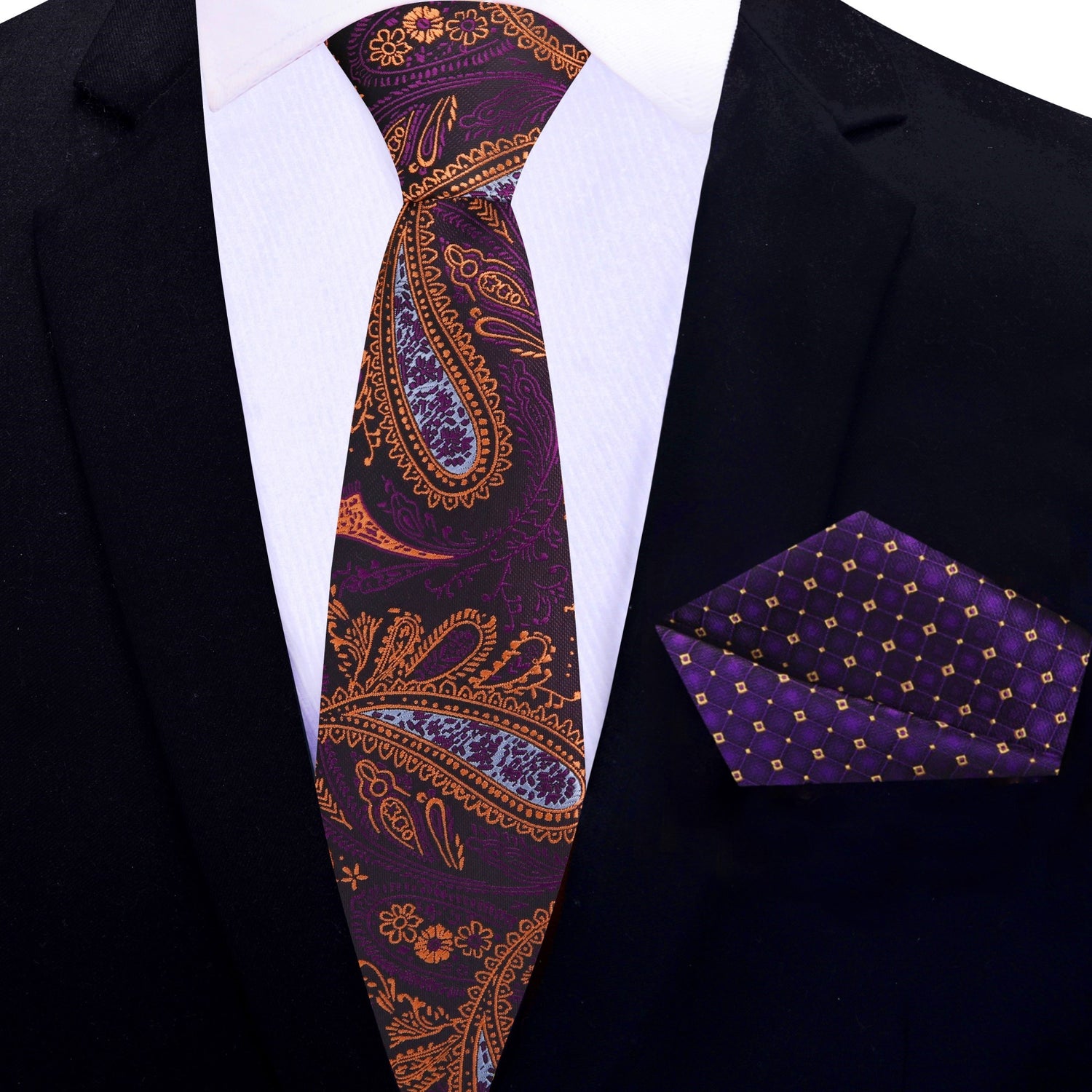 Thin Tie: Purple, Orange Paisley Tie and Accenting Purple Check Pocket Square