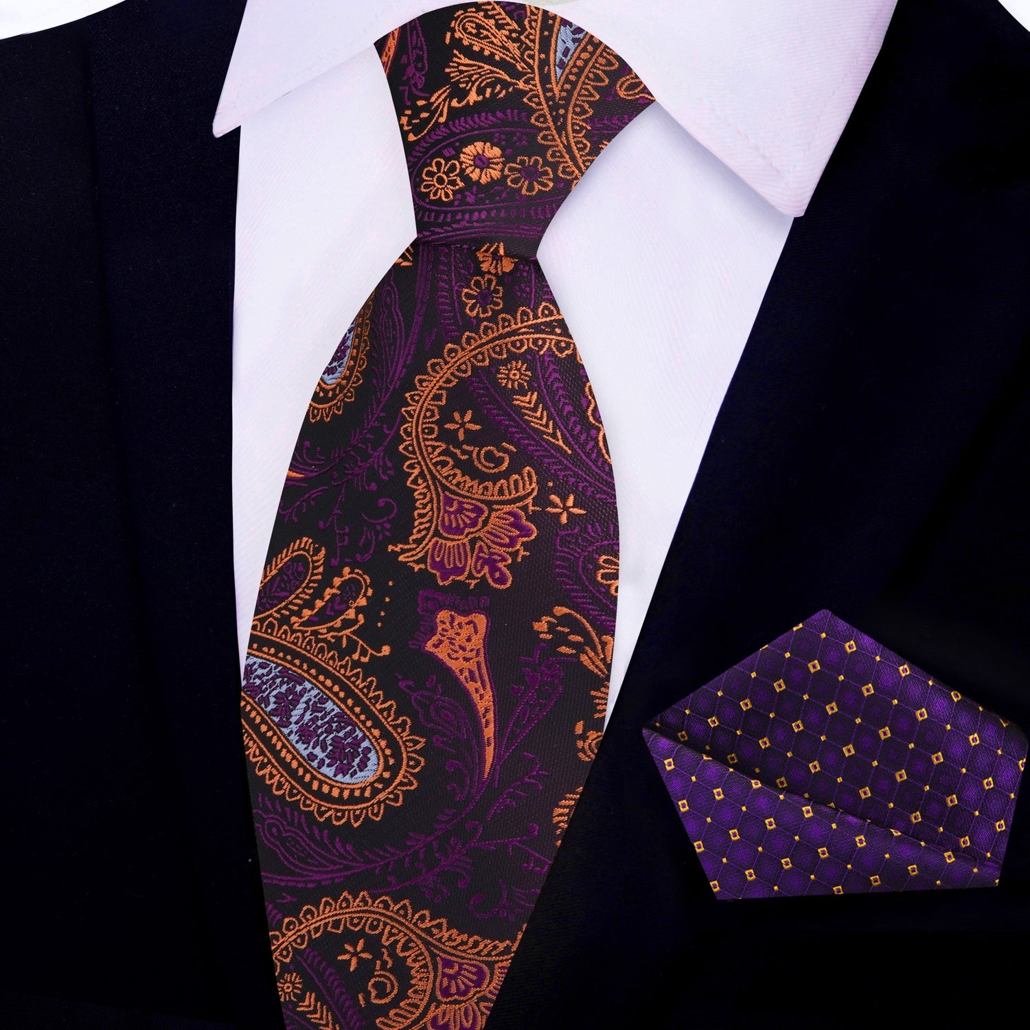 View 2: Purple, Orange Paisley Tie and Accenting Purple Check Pocket Square