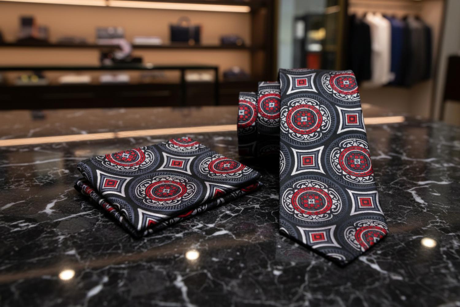 View 2: Black, Red Abstract Tie and Square