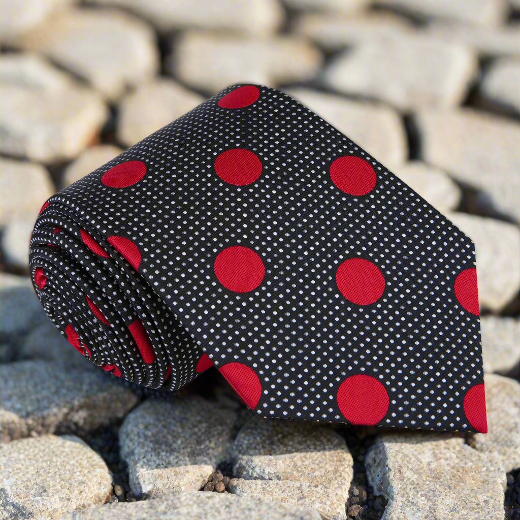 A Black, Red Dots Pattern Silk Necktie