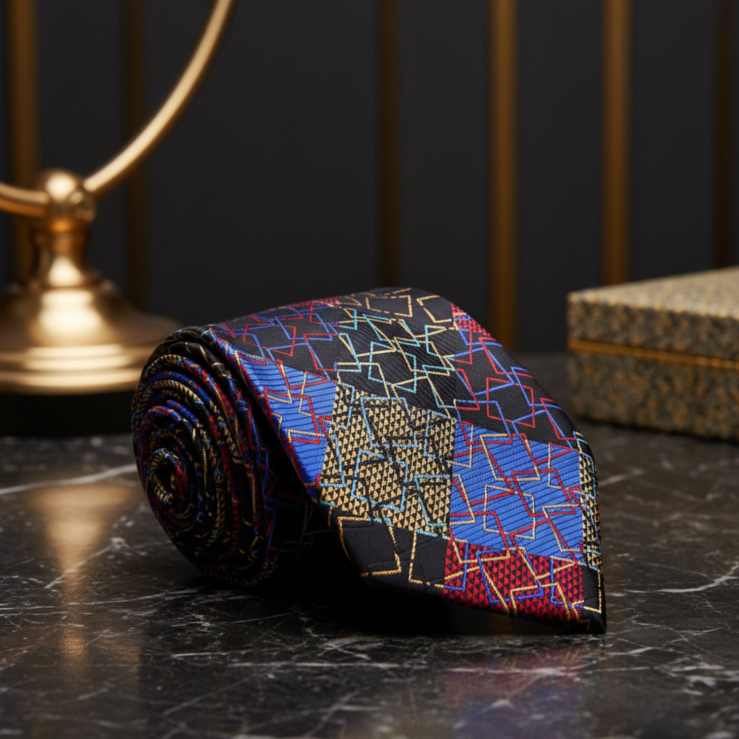 A Red, Blue, Yellow Geometric Abstract Diamond Pattern Necktie 