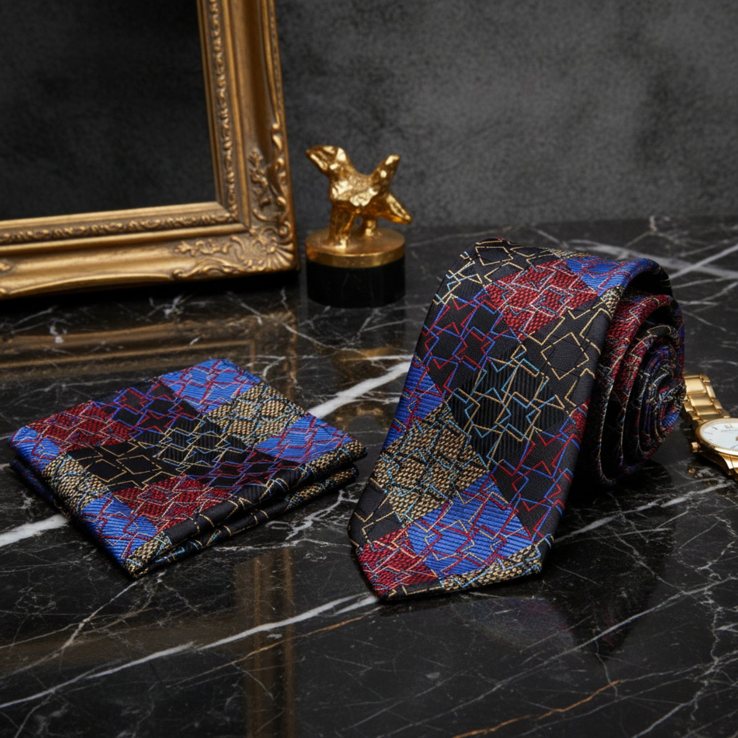 View 2: A Red, Blue, Yellow Geometric Abstract Diamond Pattern Necktie, Matching Pocket Square