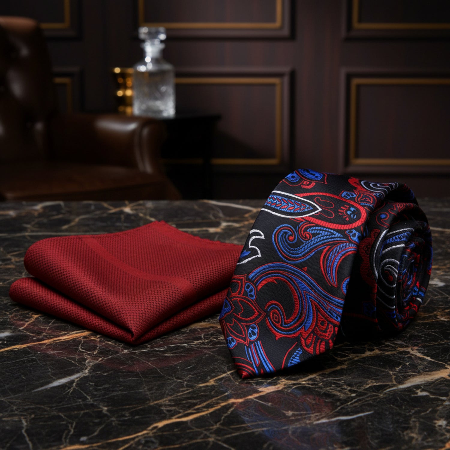 Alt View: Black, Red, White, Blue Paisley With Red Stripe Pocket Square