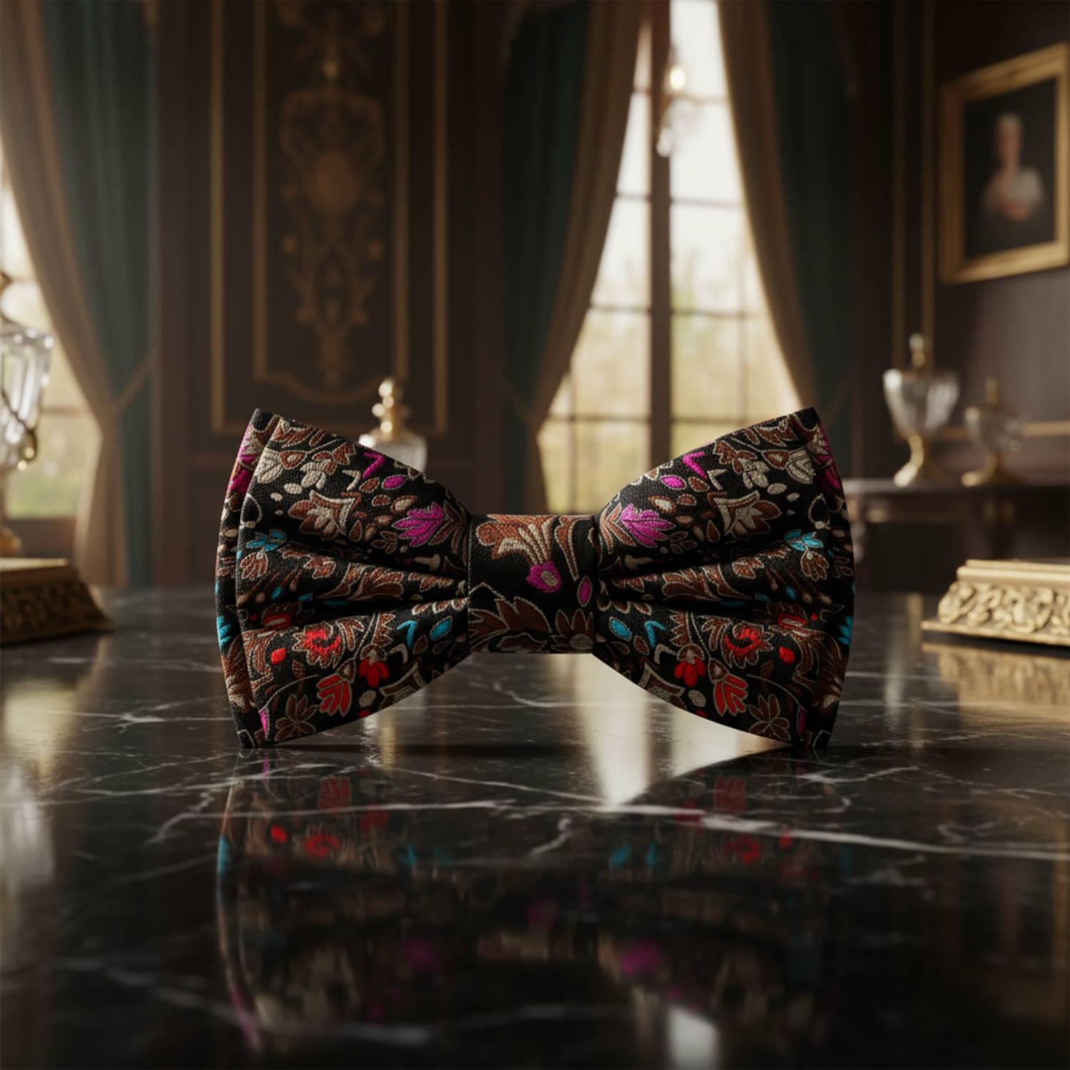 Black, Blue, Red Floral Bow Tie