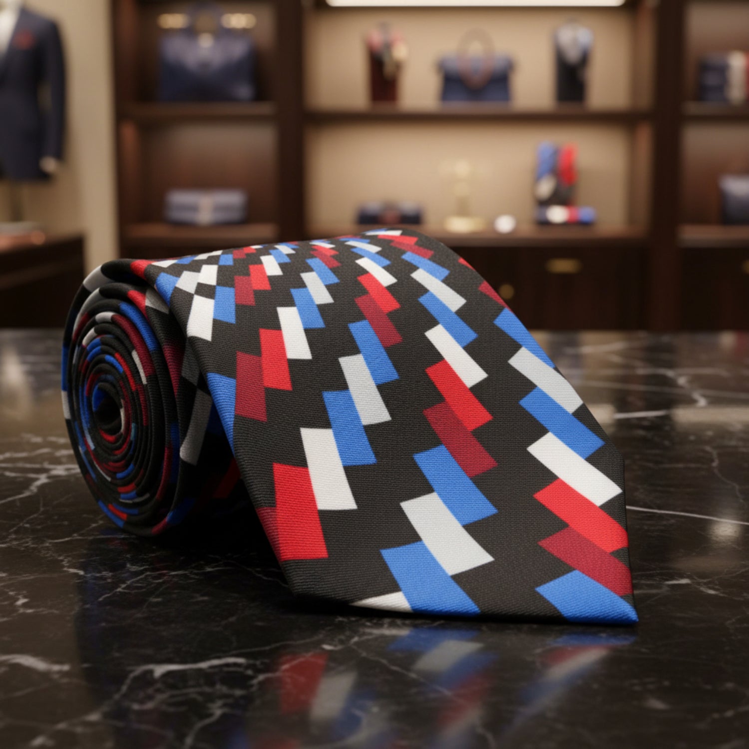 Black, Red, Blue and White Abstract Tie