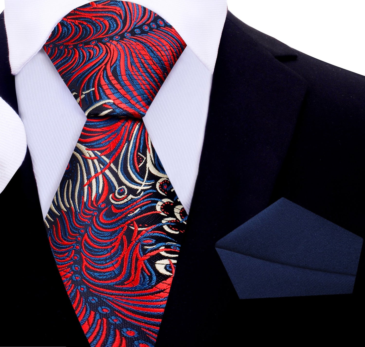 A Black, Blue, Red, Cream Abstract Feather Pattern Silk Necktie, Blue Linen Pocket Square