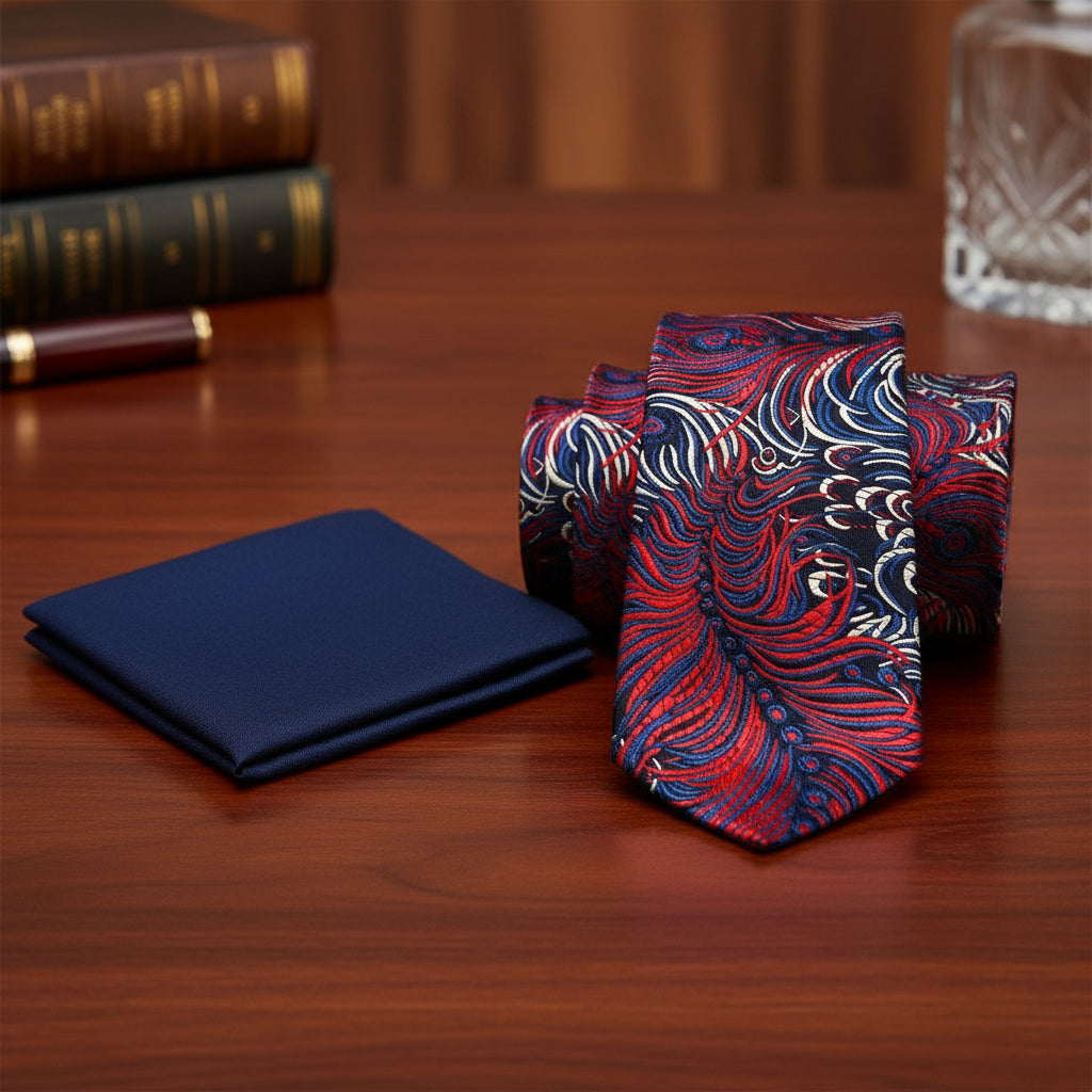 Alt view: A Black, Blue, Red, Cream Abstract Feather Pattern Necktie, Blue Linen Pocket Square