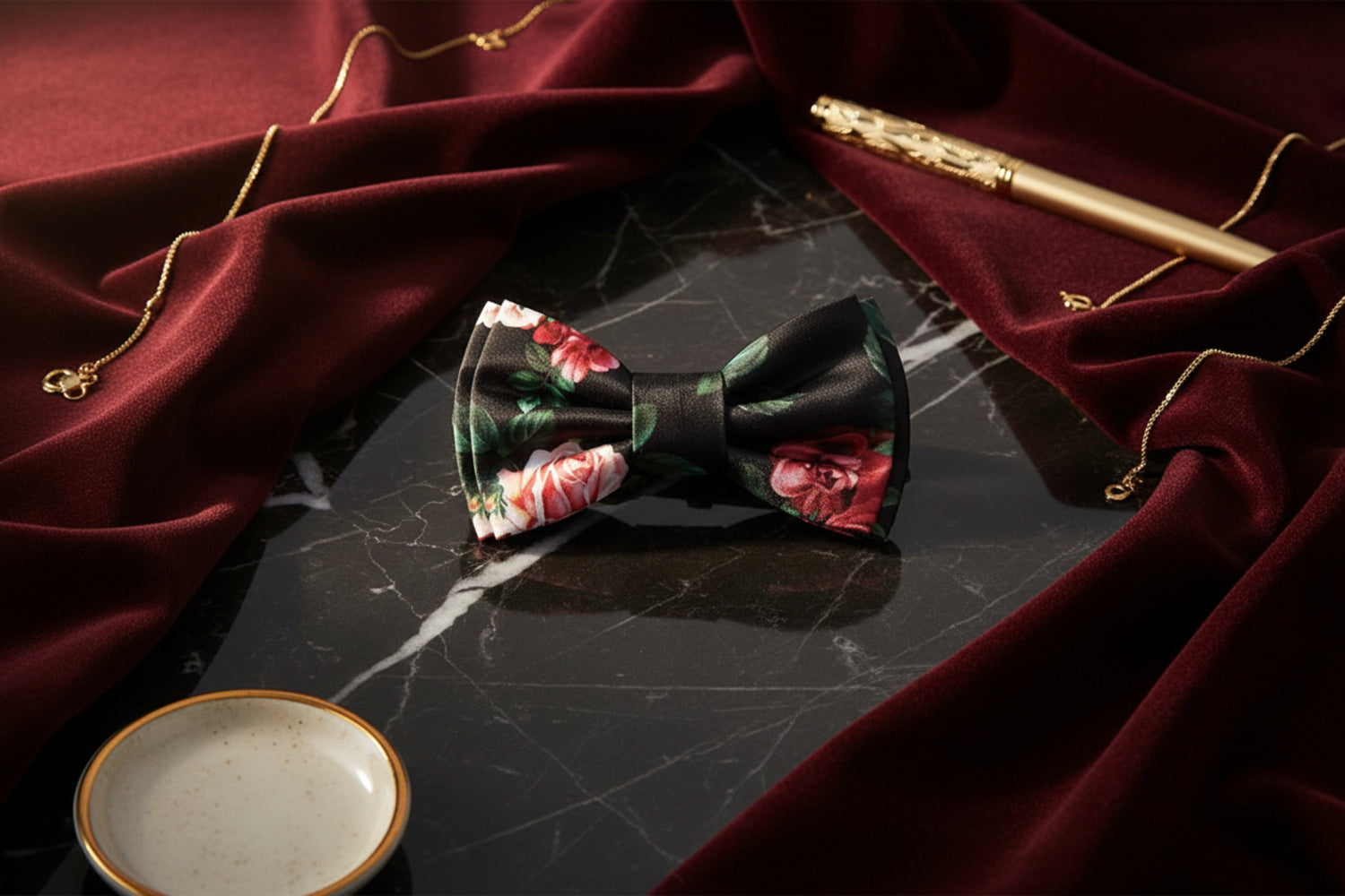 A Black Background with Red Roses and Green Petals Bow Tie
