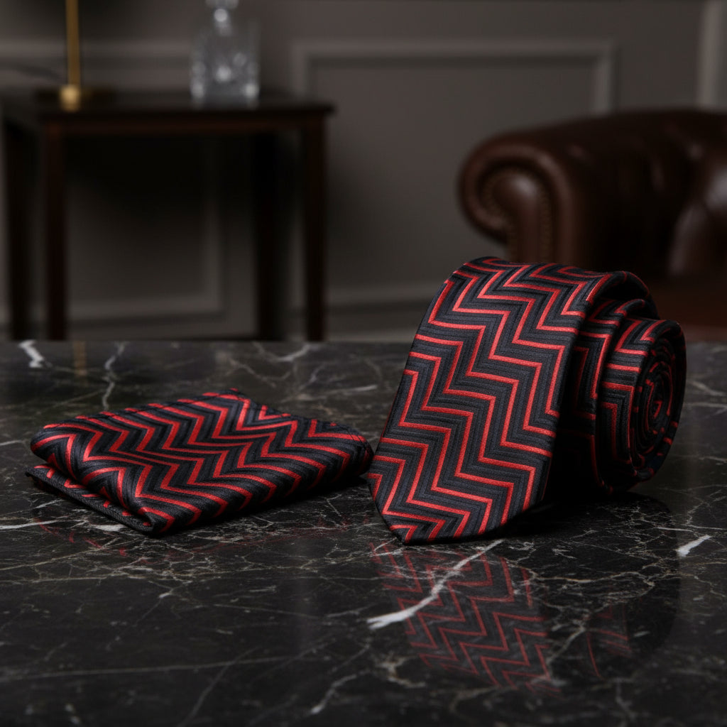 Alt View: A Red, Black Geometric Pattern Necktie With Matching Pocket Square