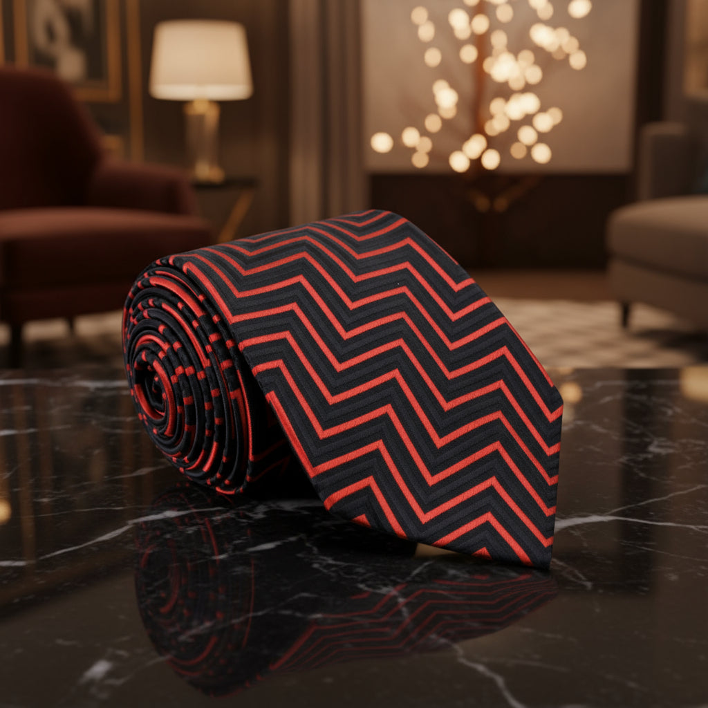 A Red, Black Geometric Pattern Necktie  