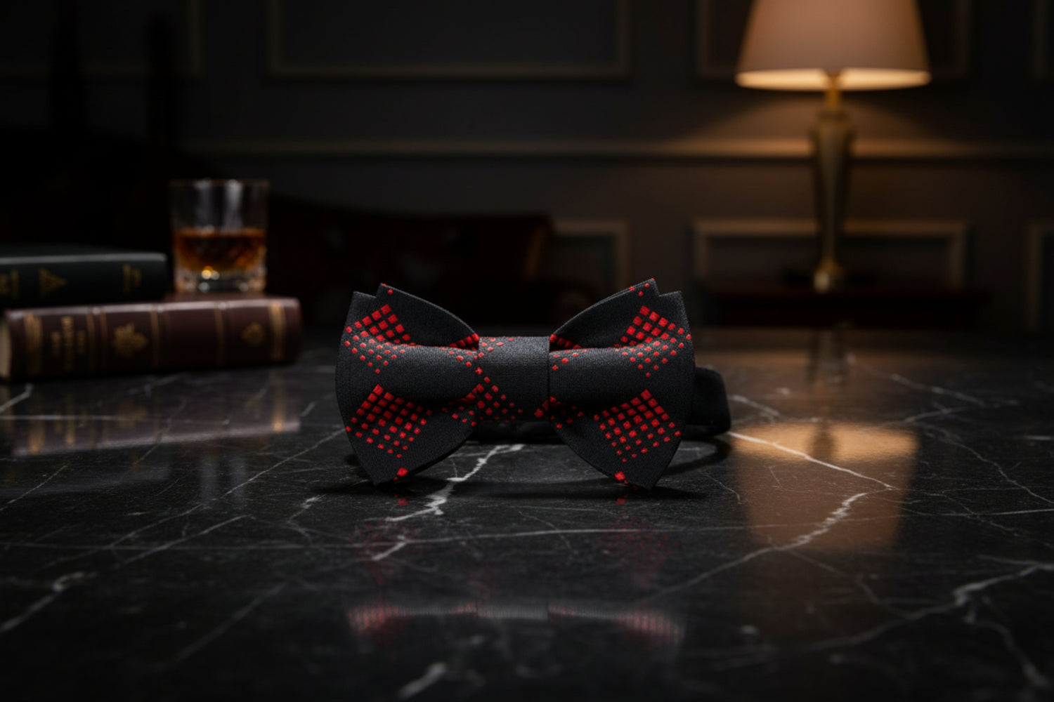 A Black, Red Geometric Diamond Pattern Self-Tie Bow Tie 