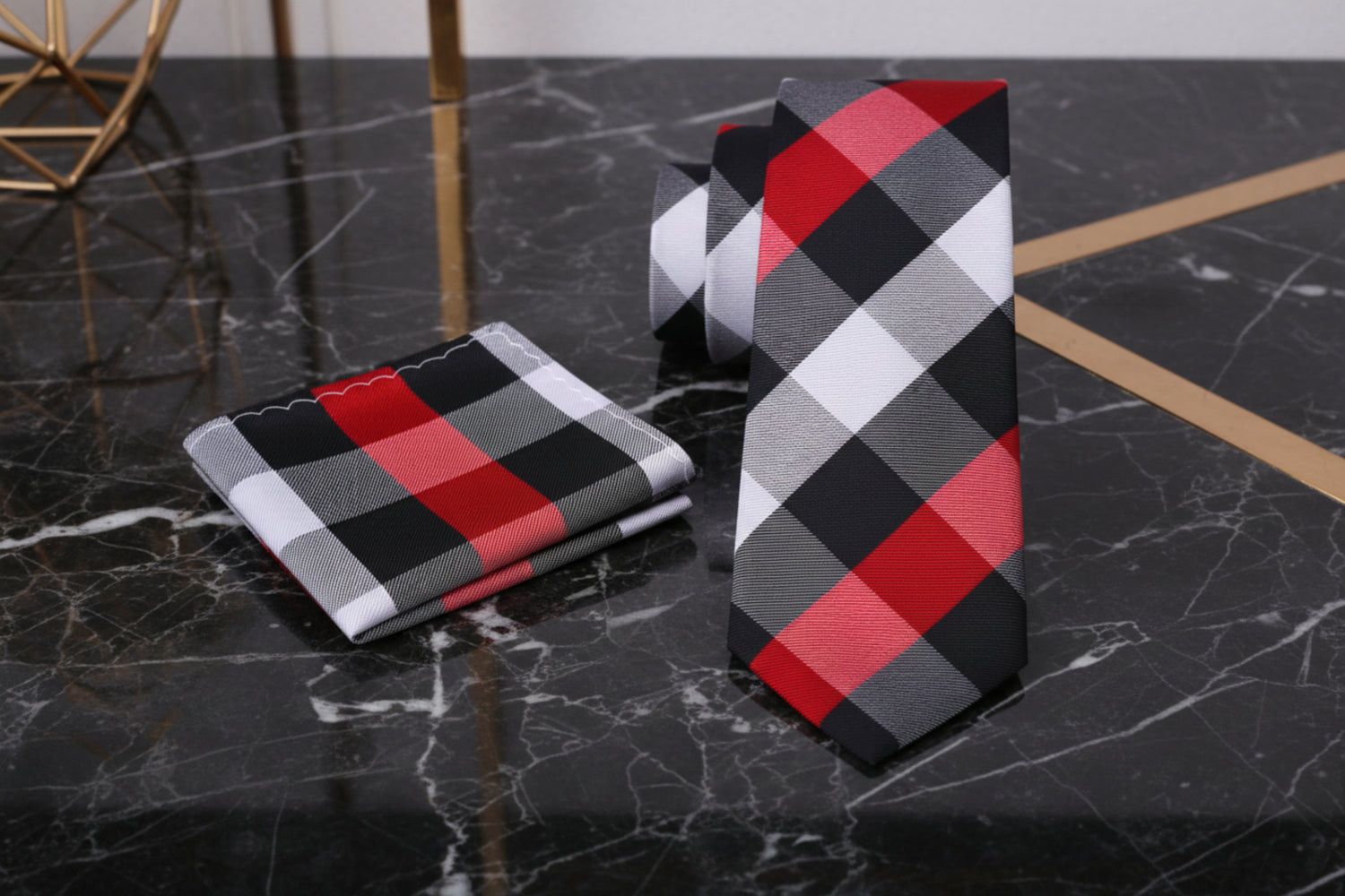 Alt View: A Red, Black, Grey Plaid Pattern Necktie, Matching Pocket Square