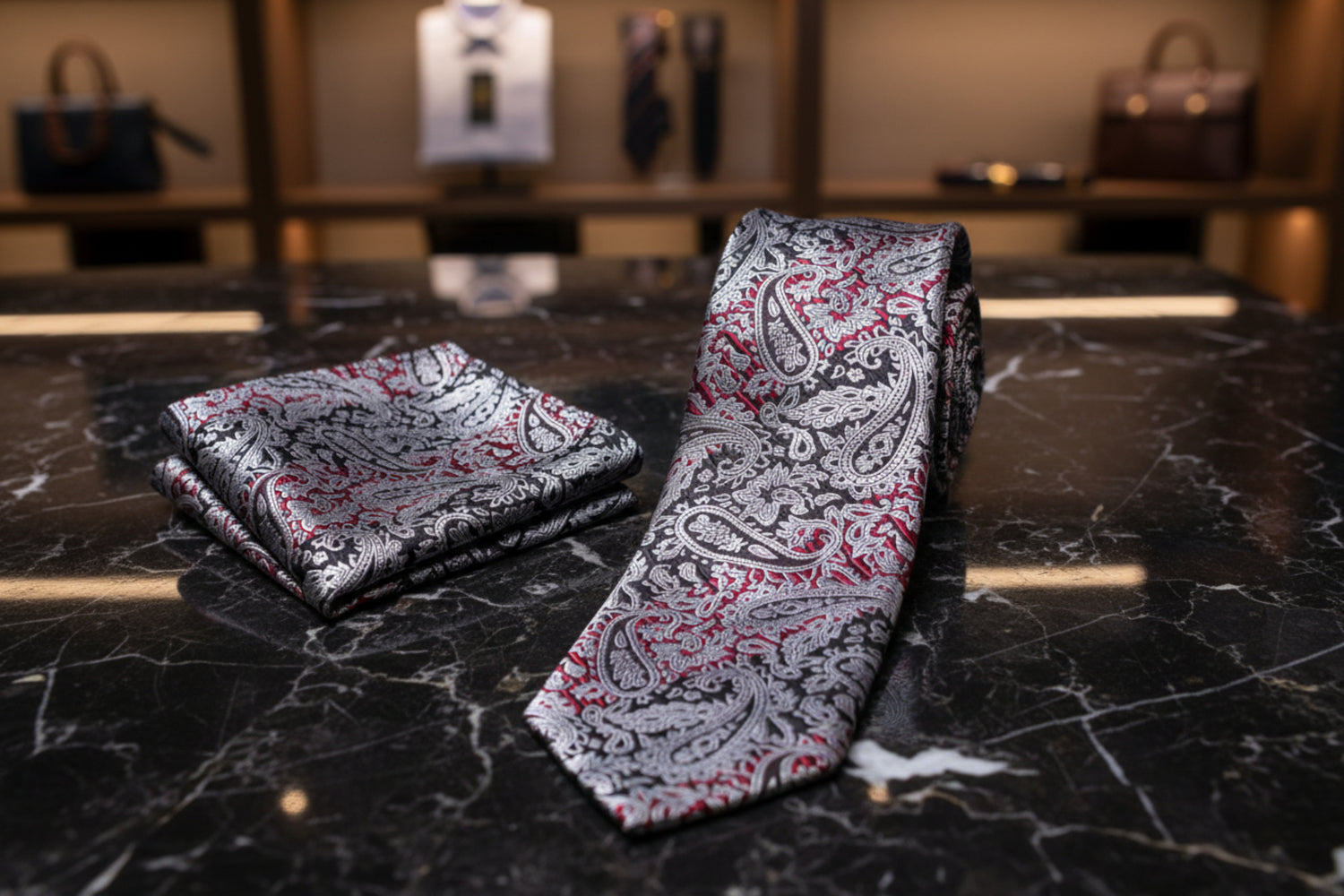 Alt view: Red, Black, Grey Paisley Tie and Pocket Square