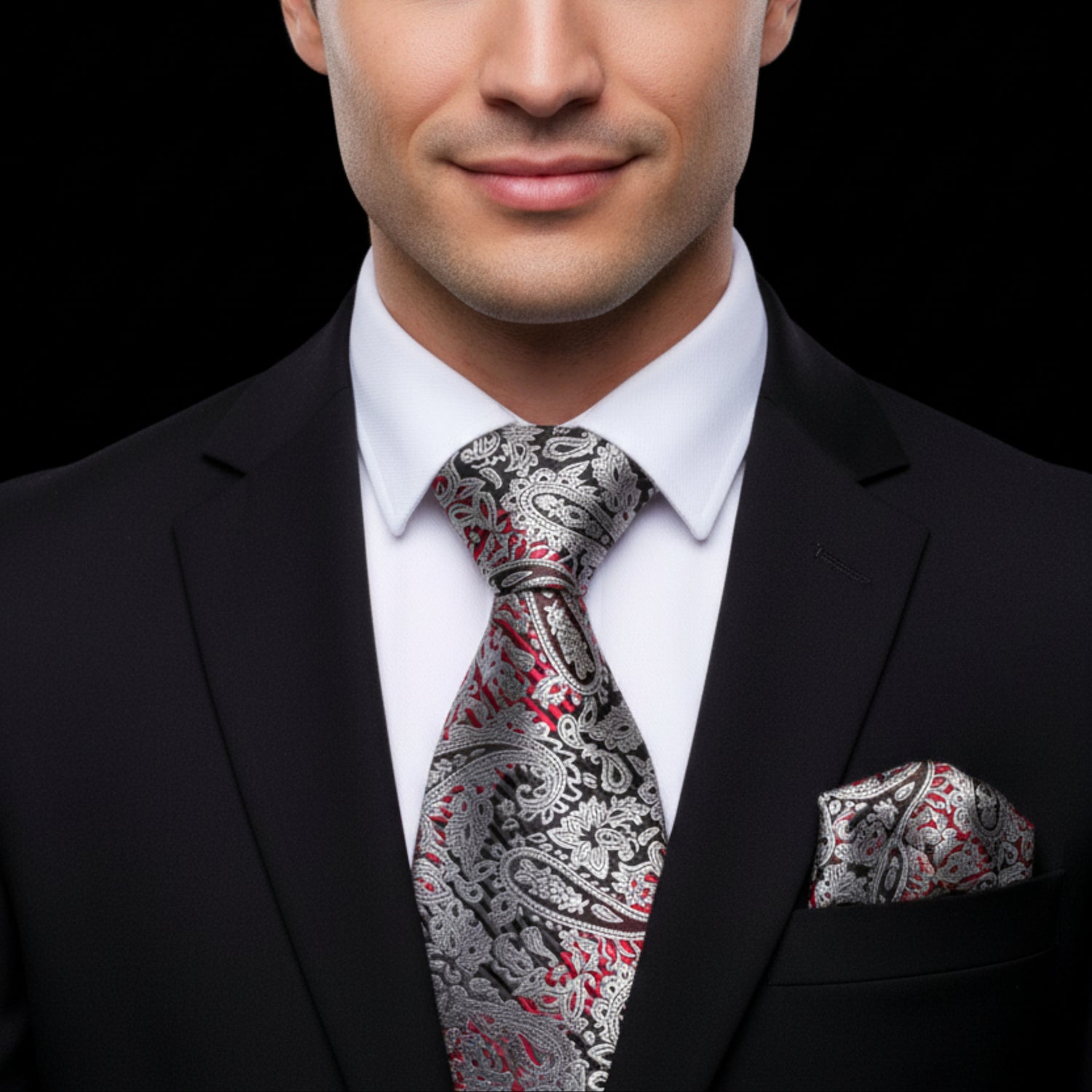 Red, Black, Grey Paisley Tie and Pocket Square