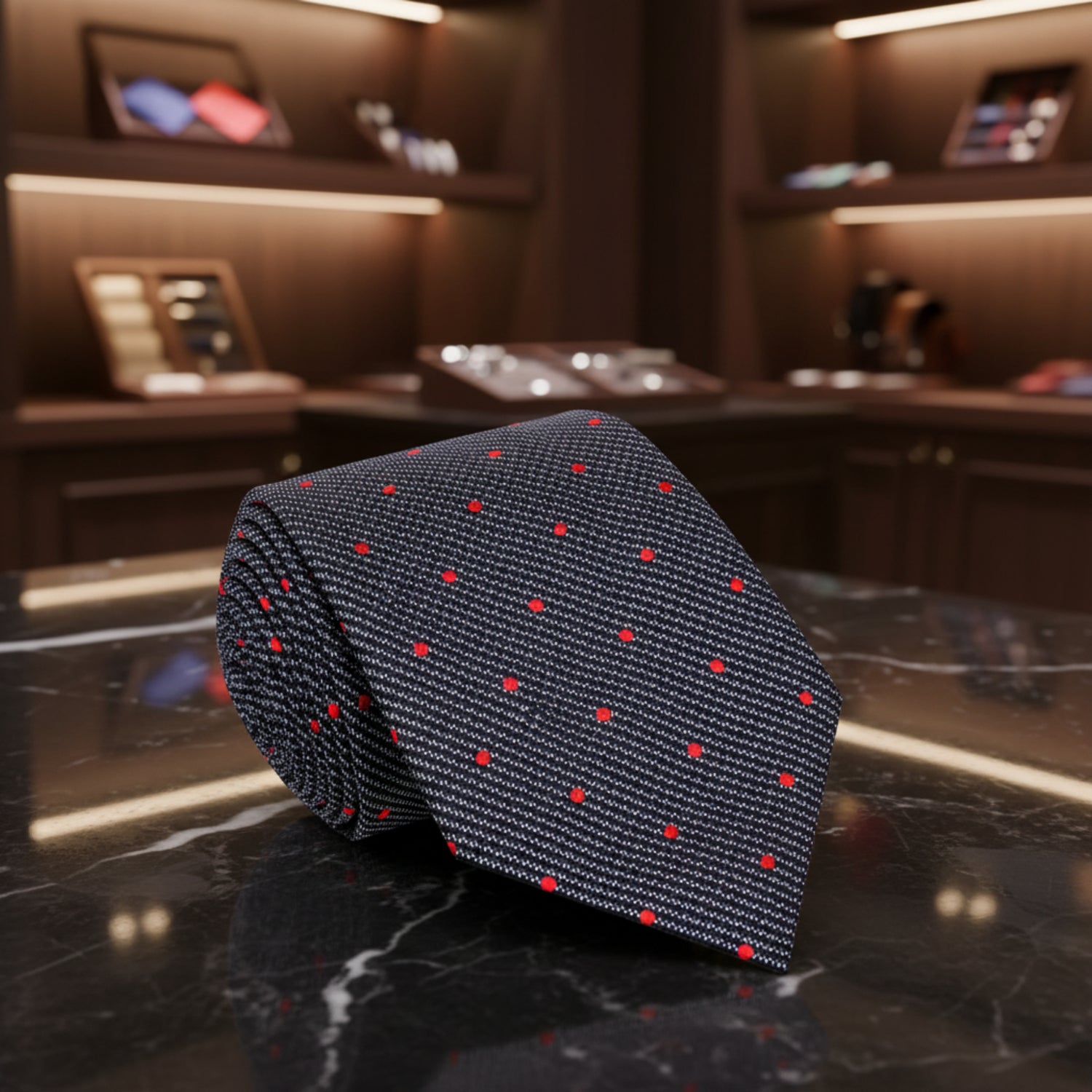A Black, Red Polka Dot With Check Pattern Necktie 