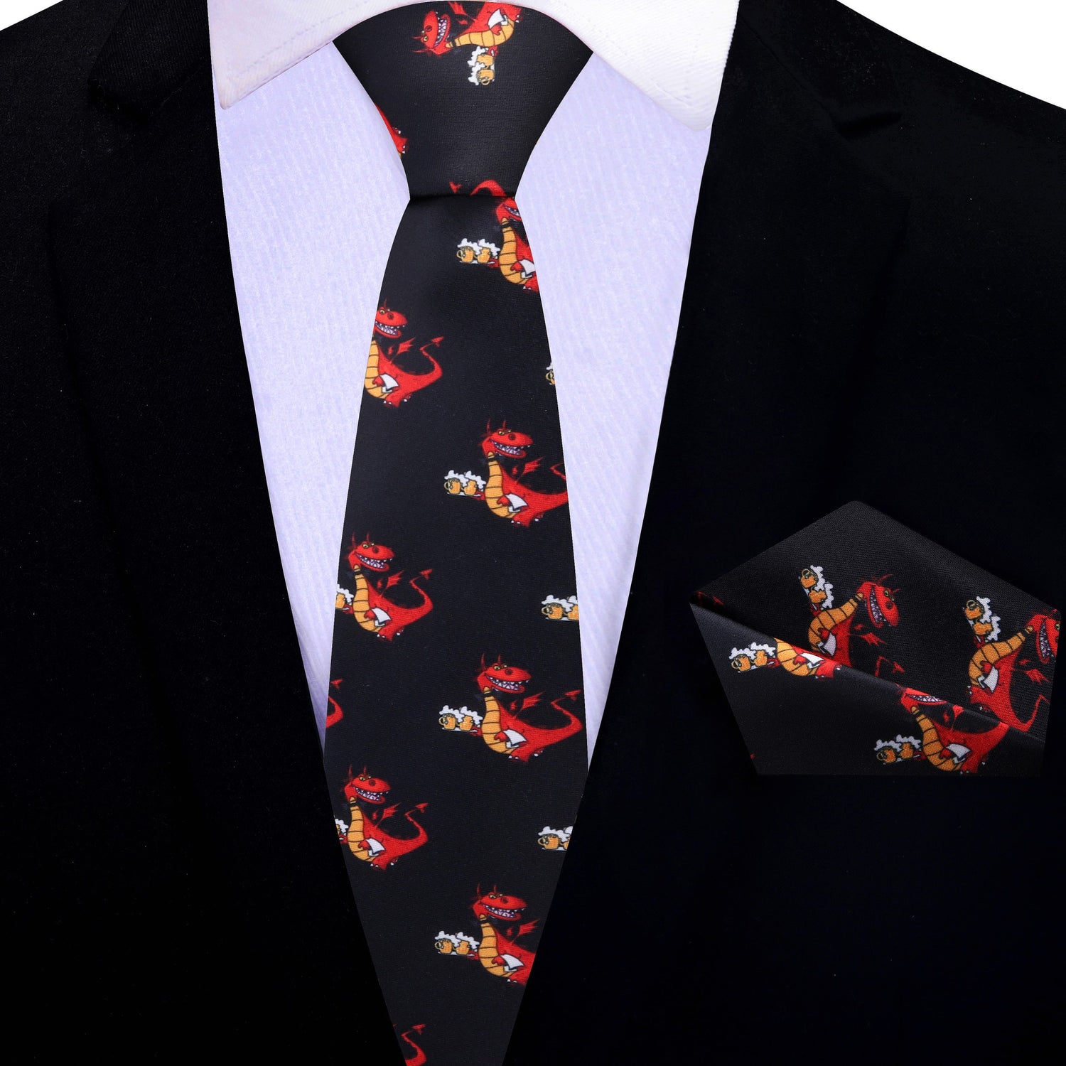 Thin Tie: Black, Red and Orange Dragon Butler Silk Necktie and Pocket Square