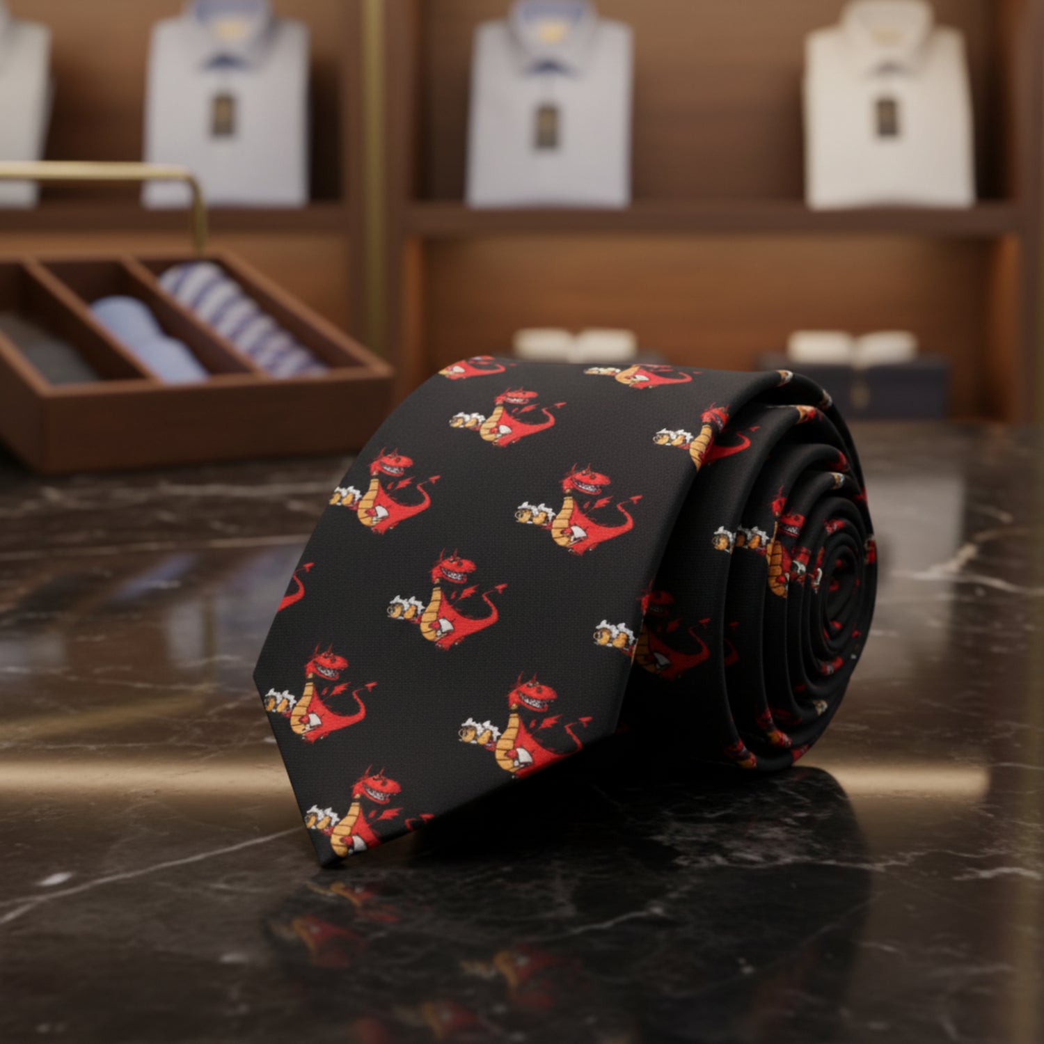 Single Tie: Black, Red and Orange Dragon Butler Necktie 