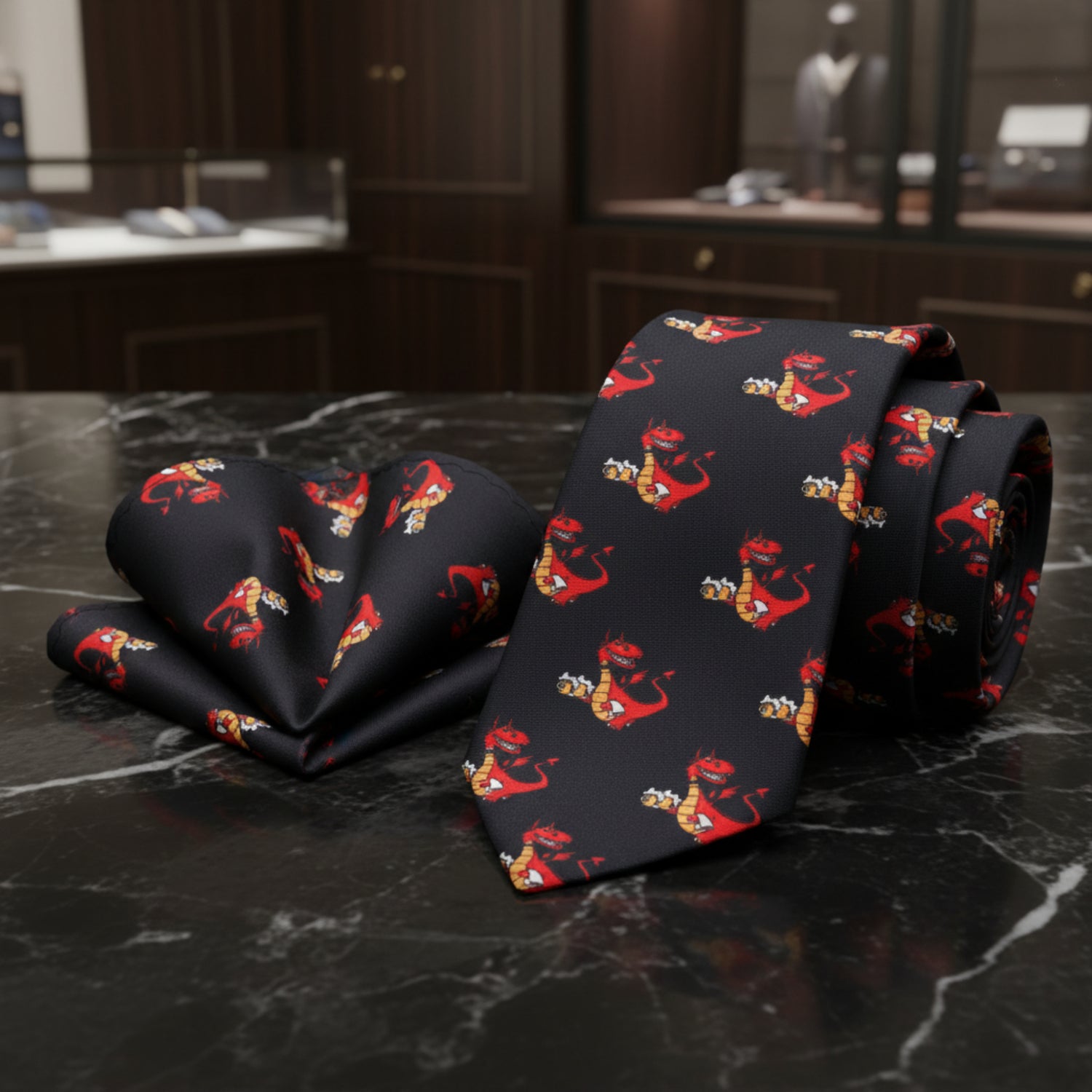 Alt View: Black, Red and Orange Dragon Butler Necktie and Pocket Square