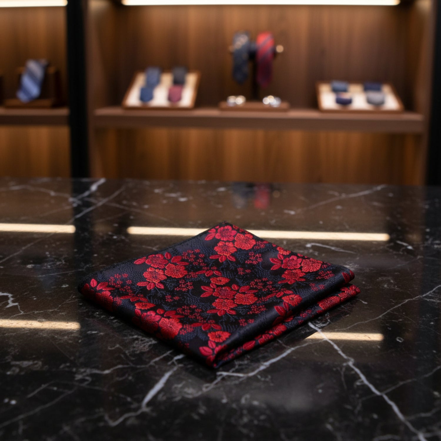 A Black, Red Detailed Flowers Pattern Pocket Square