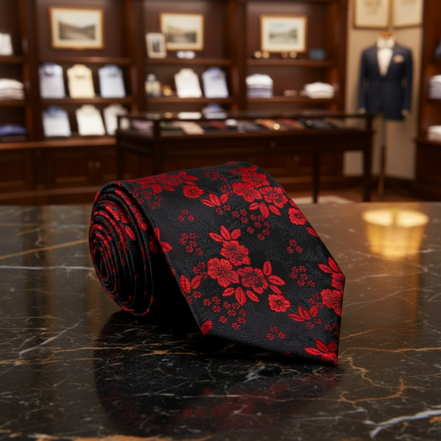 Black, Red Floral Tie 