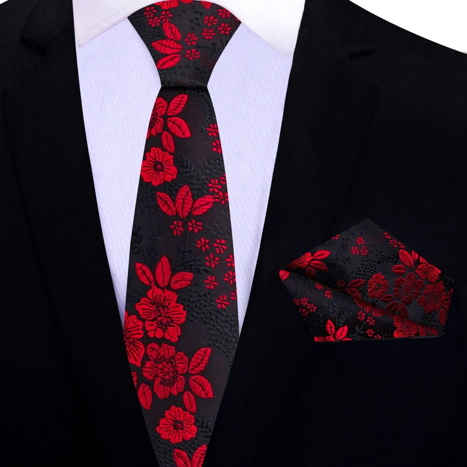 Thin Tie: Black, Red Floral Tie and Pocket Square