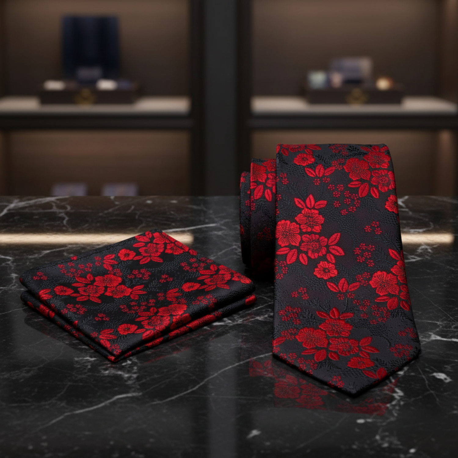 Alt View: Black, Red Floral Tie and Pocket Square