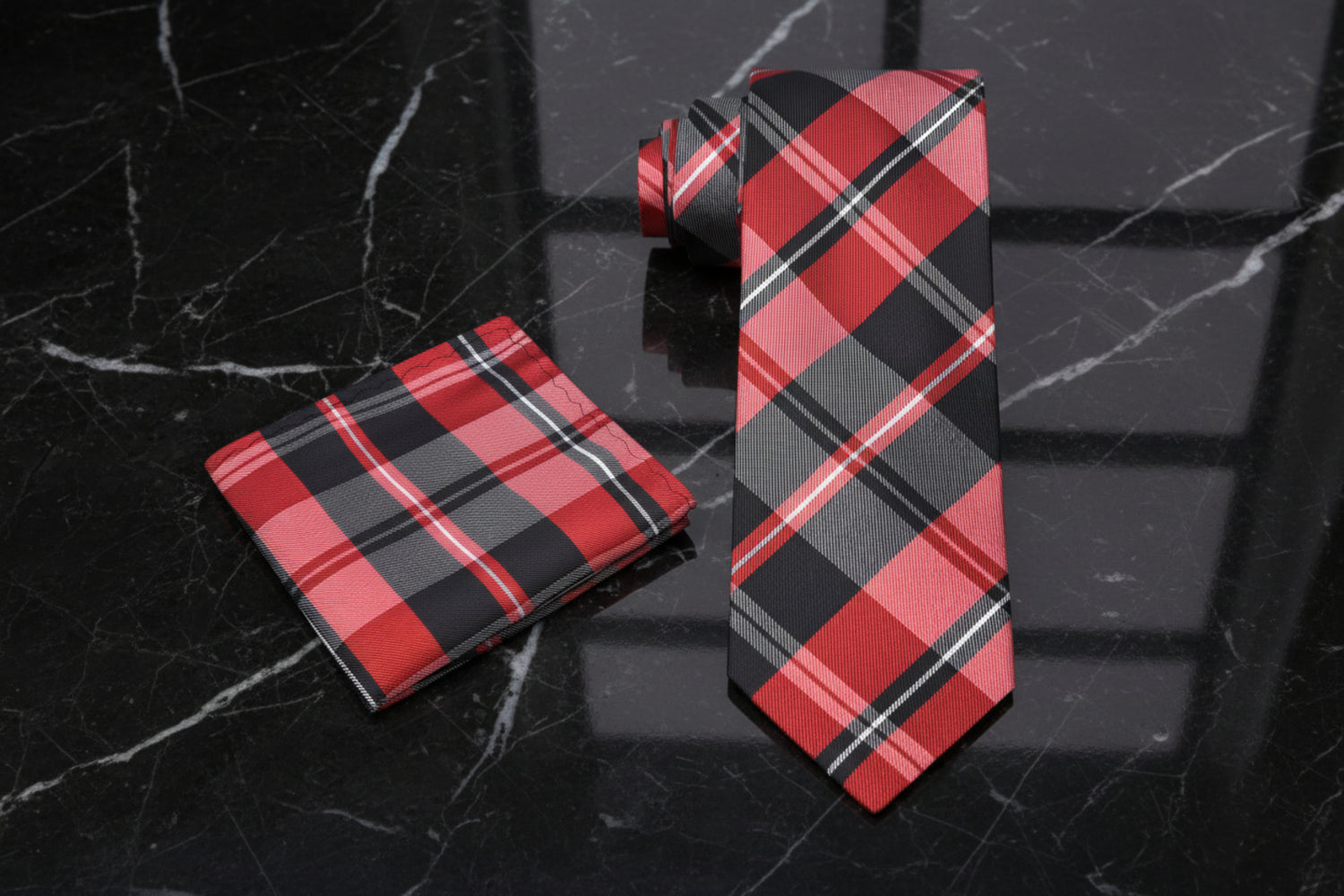 Alt View: Black, Red and White Plaid Tie and Pocket Square