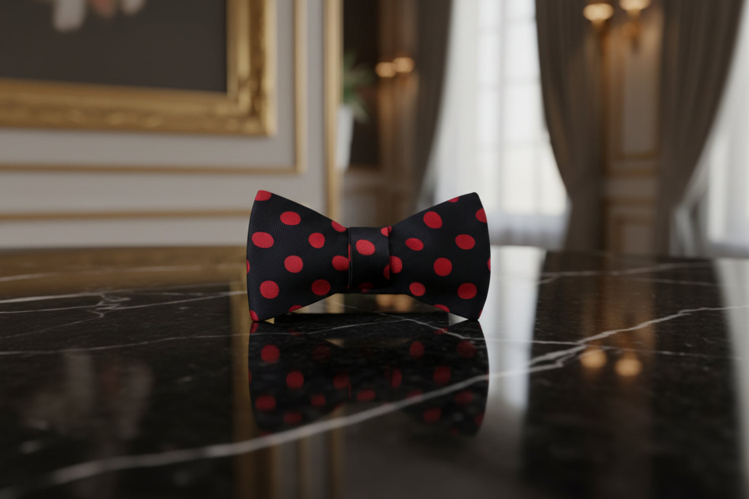 A Black, Red Polka Pattern Self Tie Bow Tie 