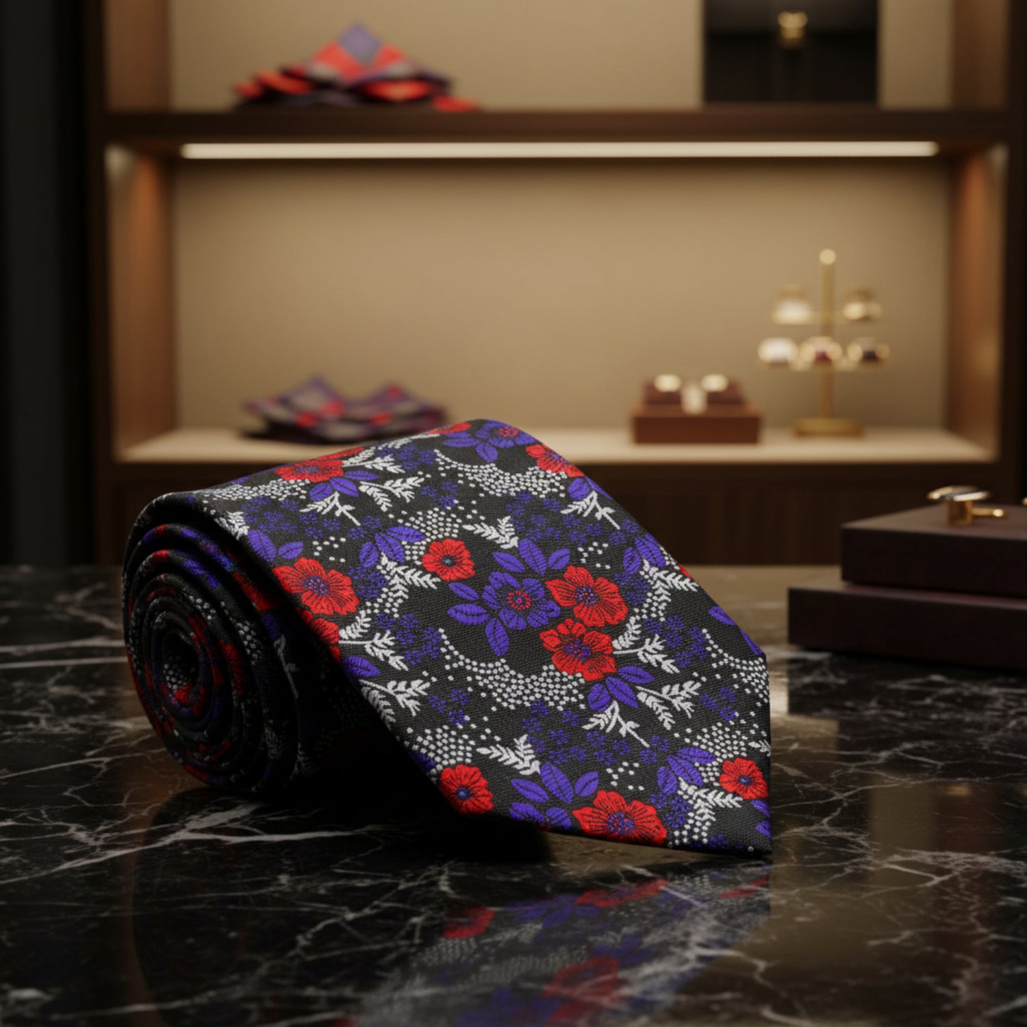 Black, Purple, Red, Light Silver Floral Necktie  