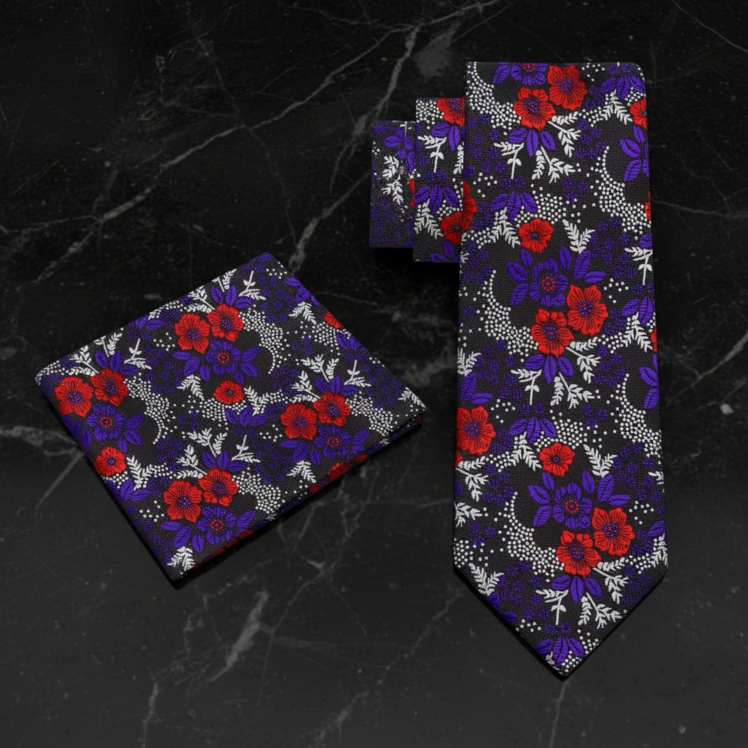 Alt View: Black, Purple, Red, Light Silver Floral Necktie with Matching Square