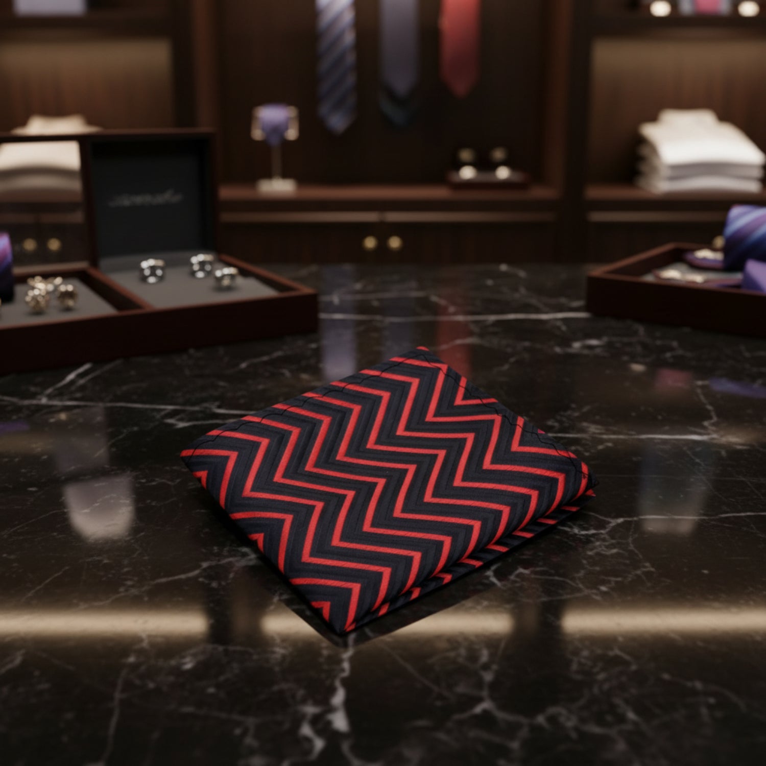A Black, Red Abstract Geometric Jagged Lines Pattern Pocket Square