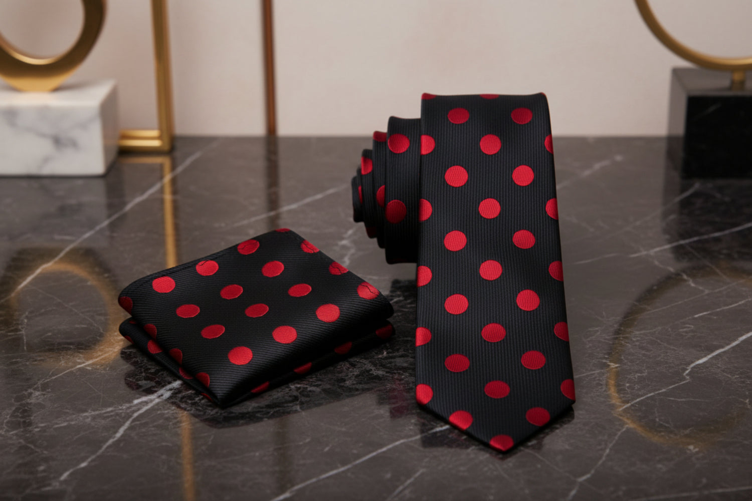 Alt View: A Black, Red Polka Dot Pattern Necktie, Matching Pocket Square
